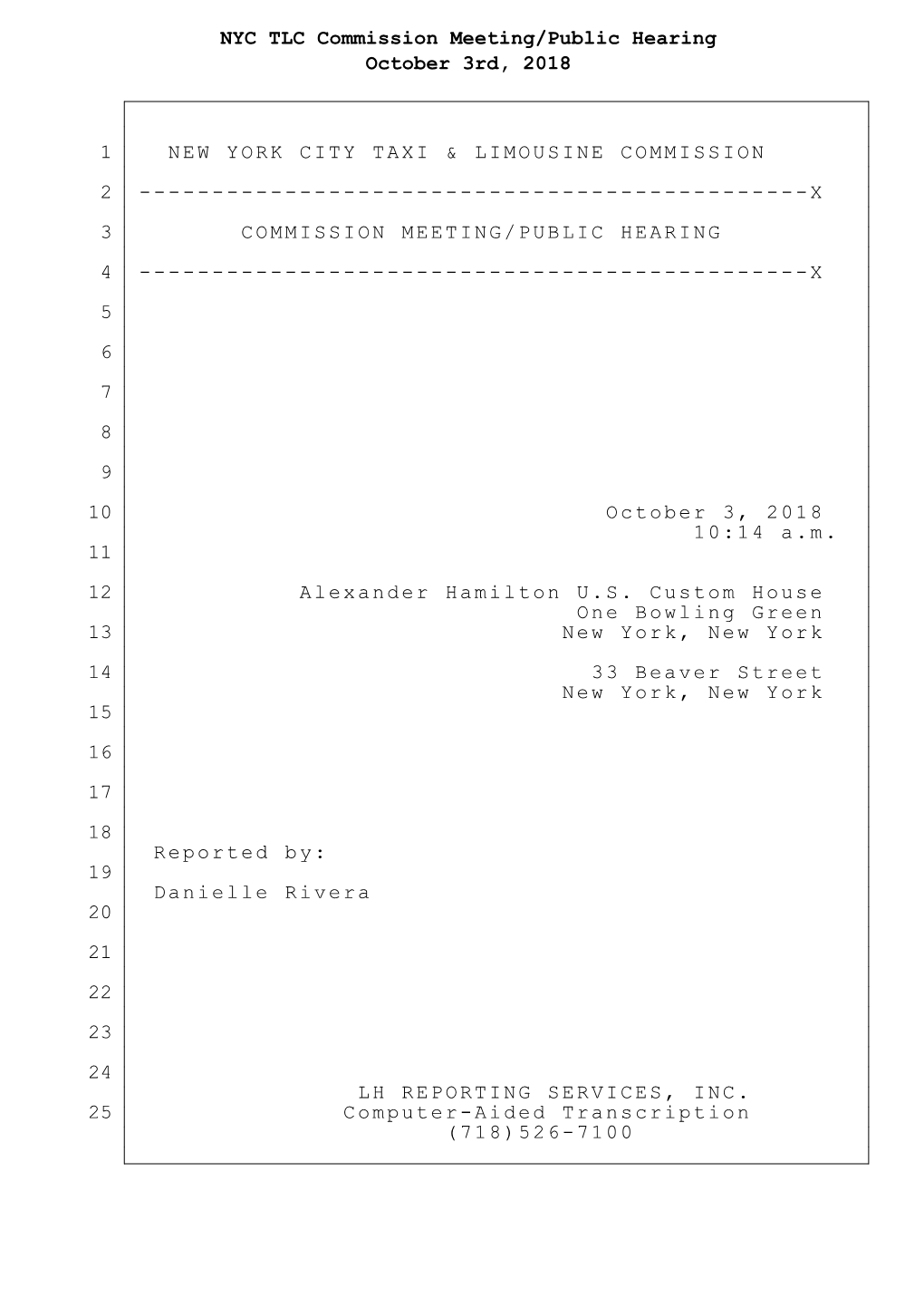 NYC TLC Commission Meeting/Public Hearing October 3Rd, 2018