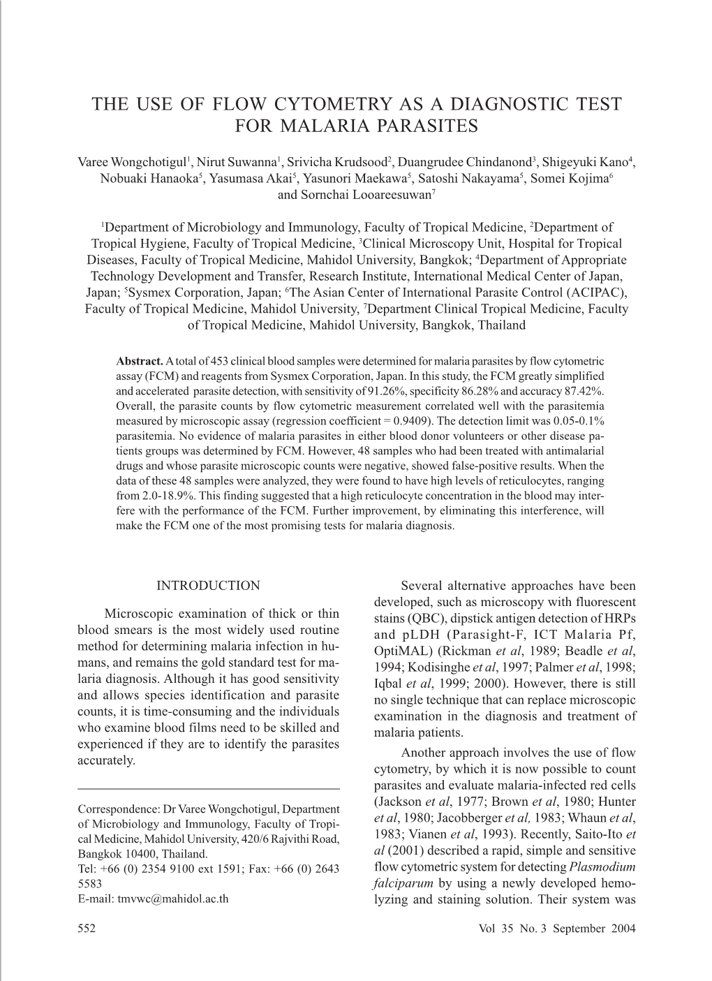 The Use of Flow Cytometry As a Diagnostic Test for Malaria Parasites