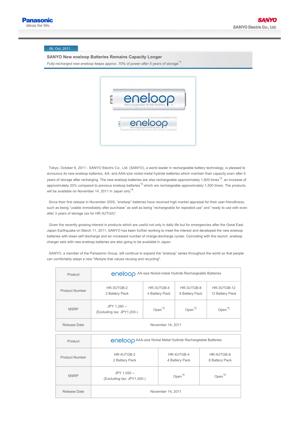 SANYO New Eneloop Batteries Remains Capacity Longer Fully-Recharged New Eneloop Keeps Approx