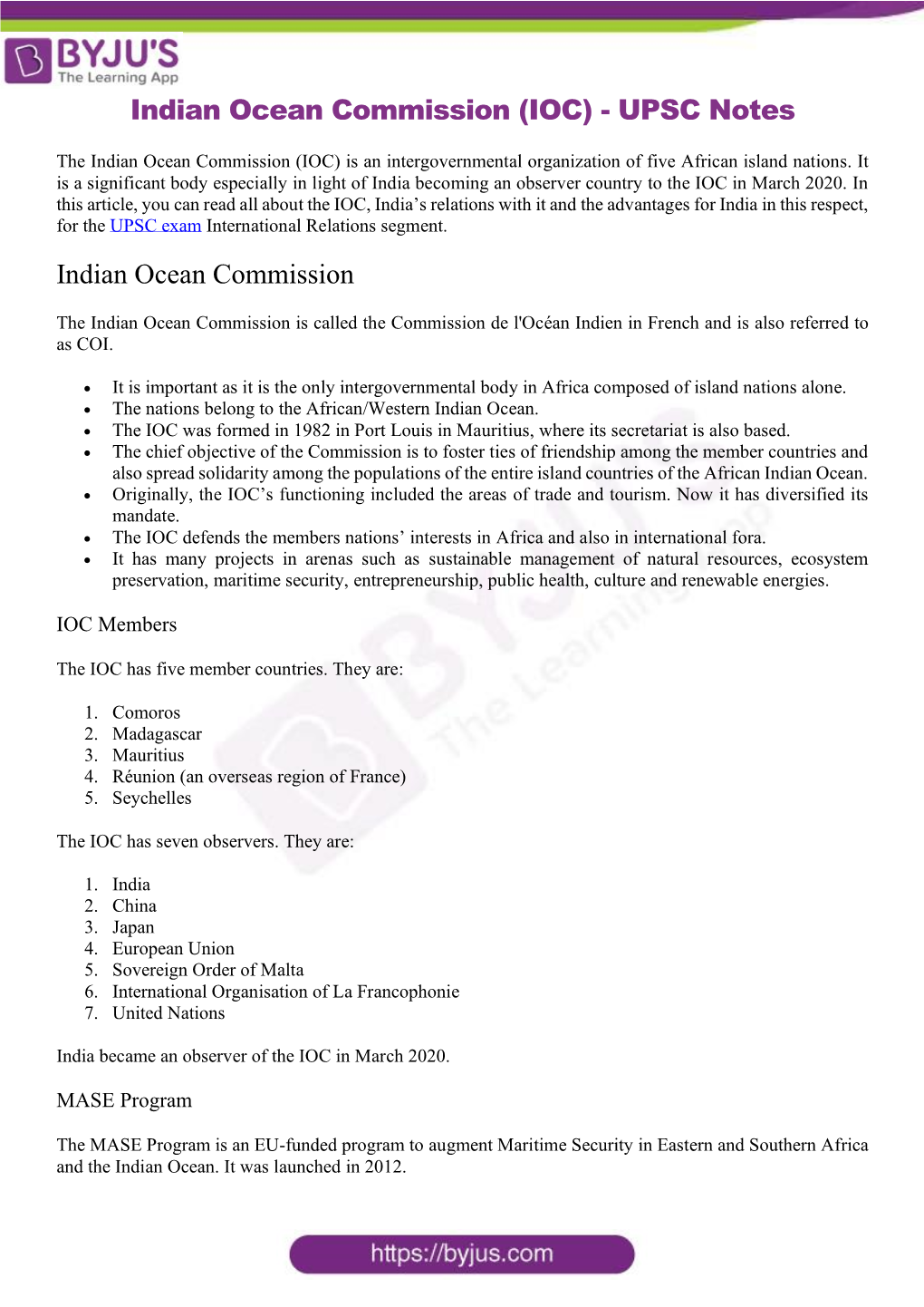 Indian Ocean Commission (IOC) - UPSC Notes