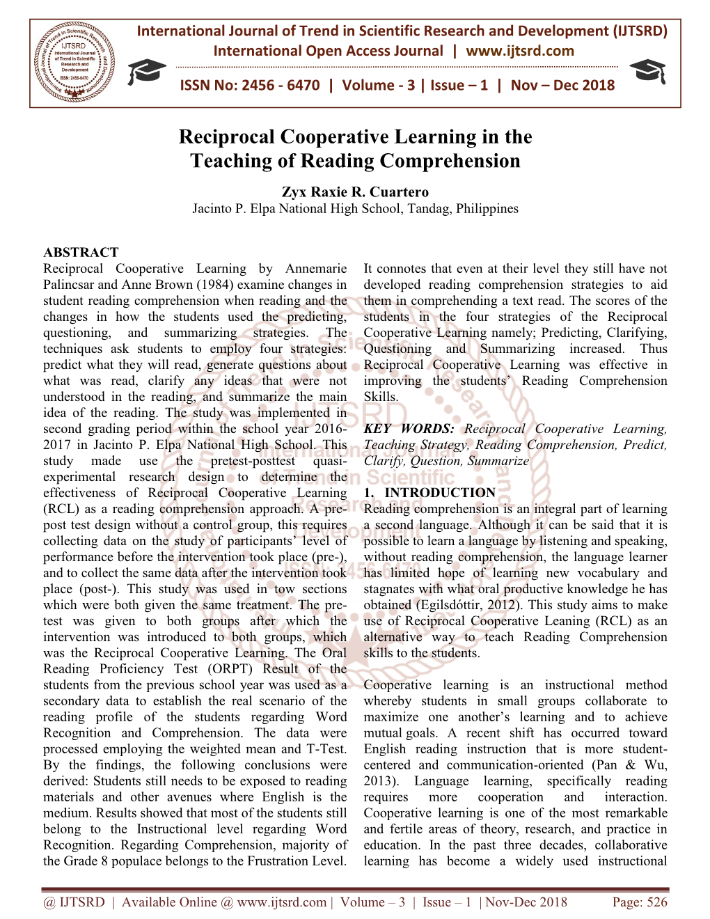 Reciprocal Cooperative Learning in the Teaching of Reading Comprehension