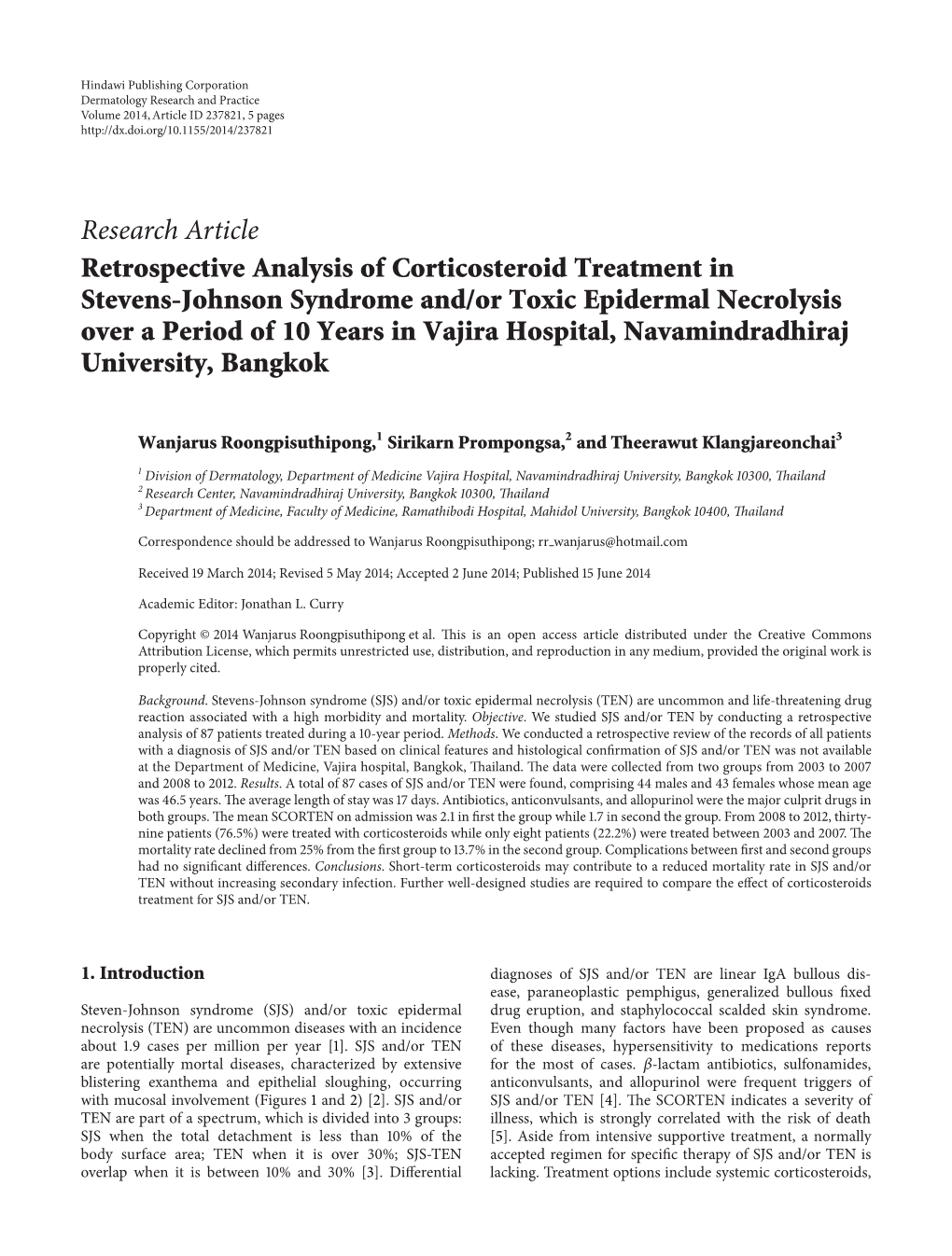 Retrospective Analysis of Corticosteroid Treatment in Stevens