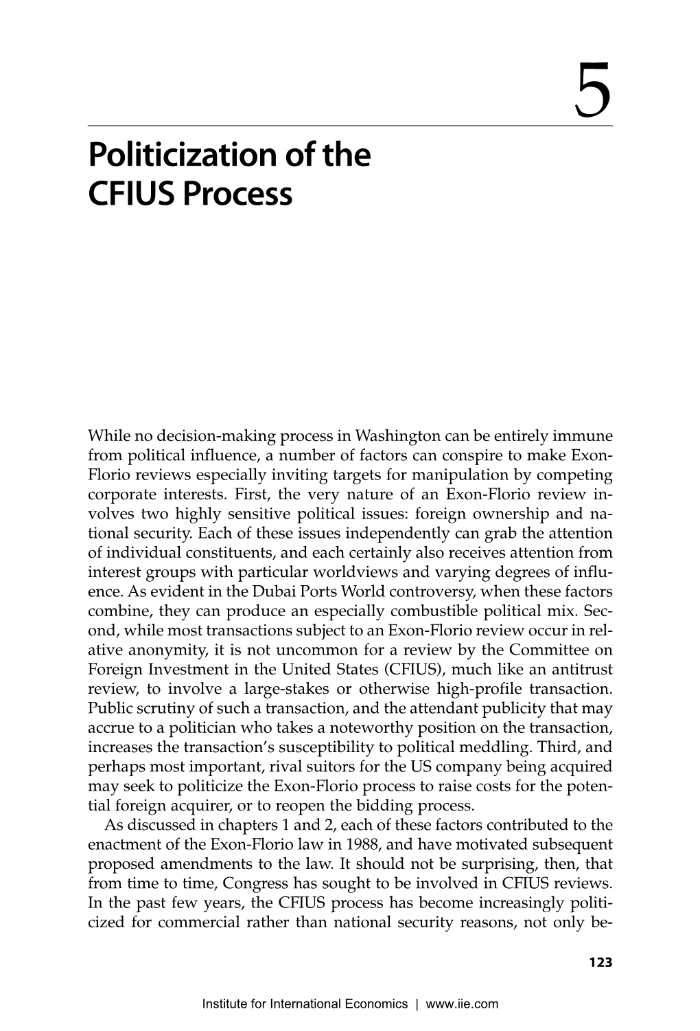 US National Security and Foreign Direct Investment Preview Chapter 5: Politicization of the CFIUS Process