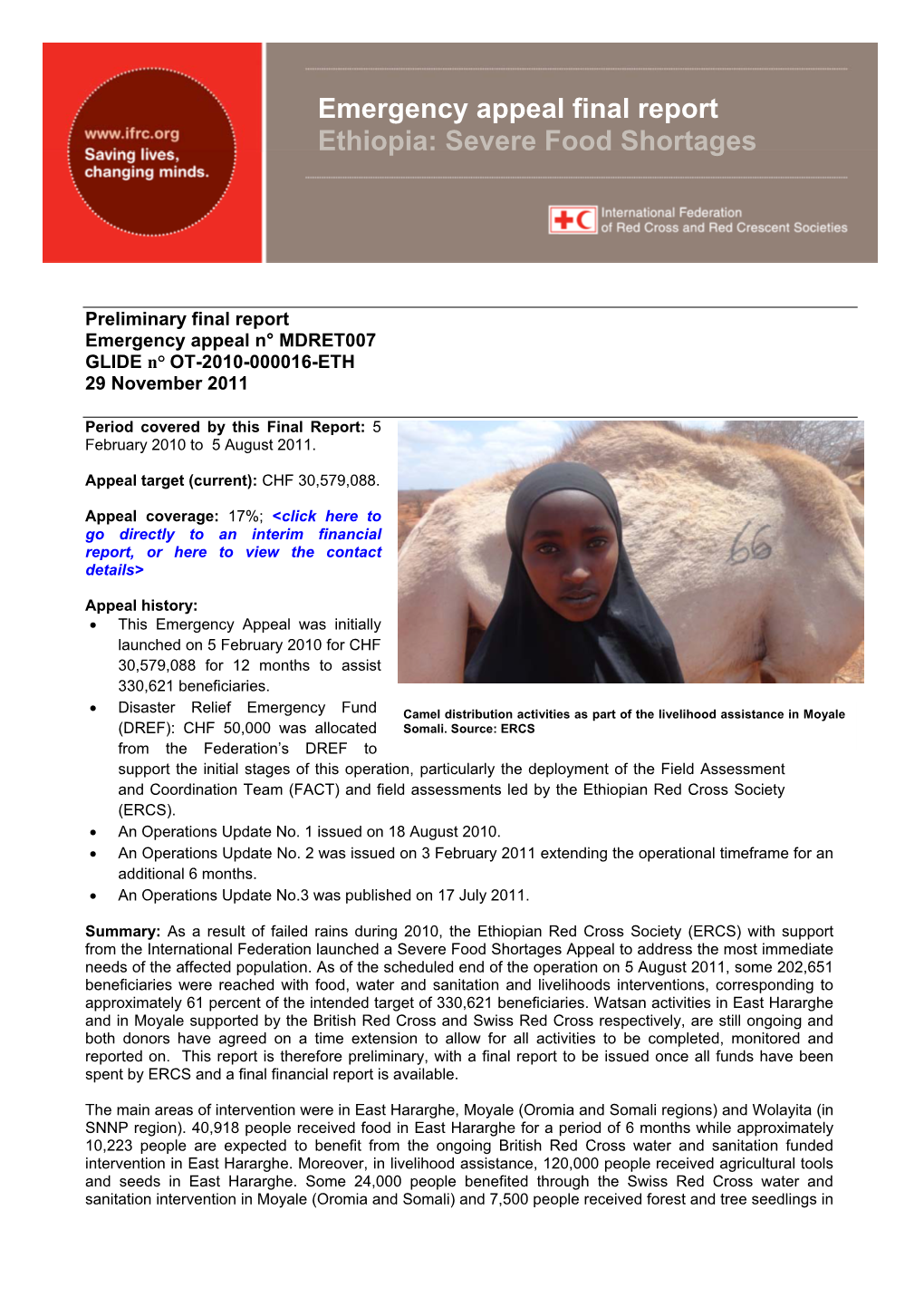 Emergency Appeal Final Report Ethiopia: Severe Food Shortages