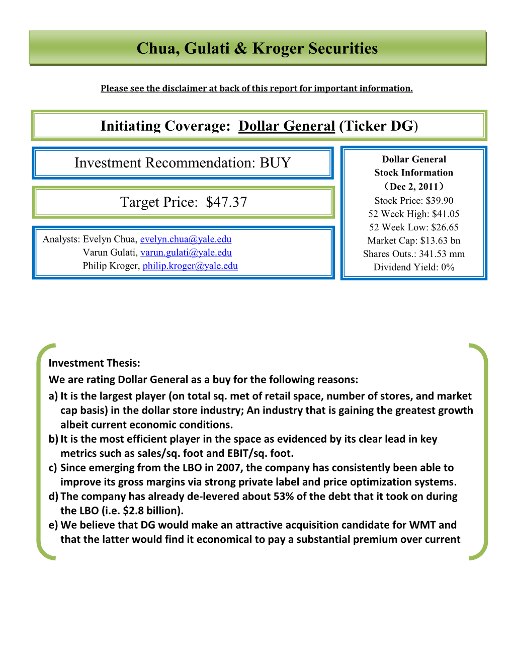 DOLLAR GENERAL REPORT] Chua, Gulati, & Kroger Securities