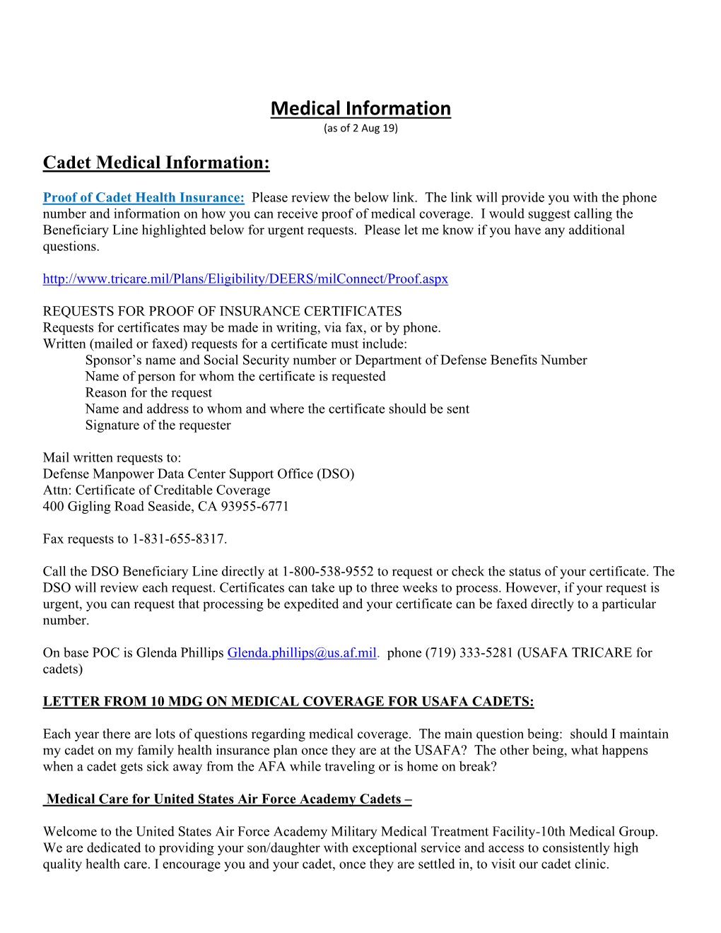 USAFA Cadet Medical Information and Faqs (Pdf)