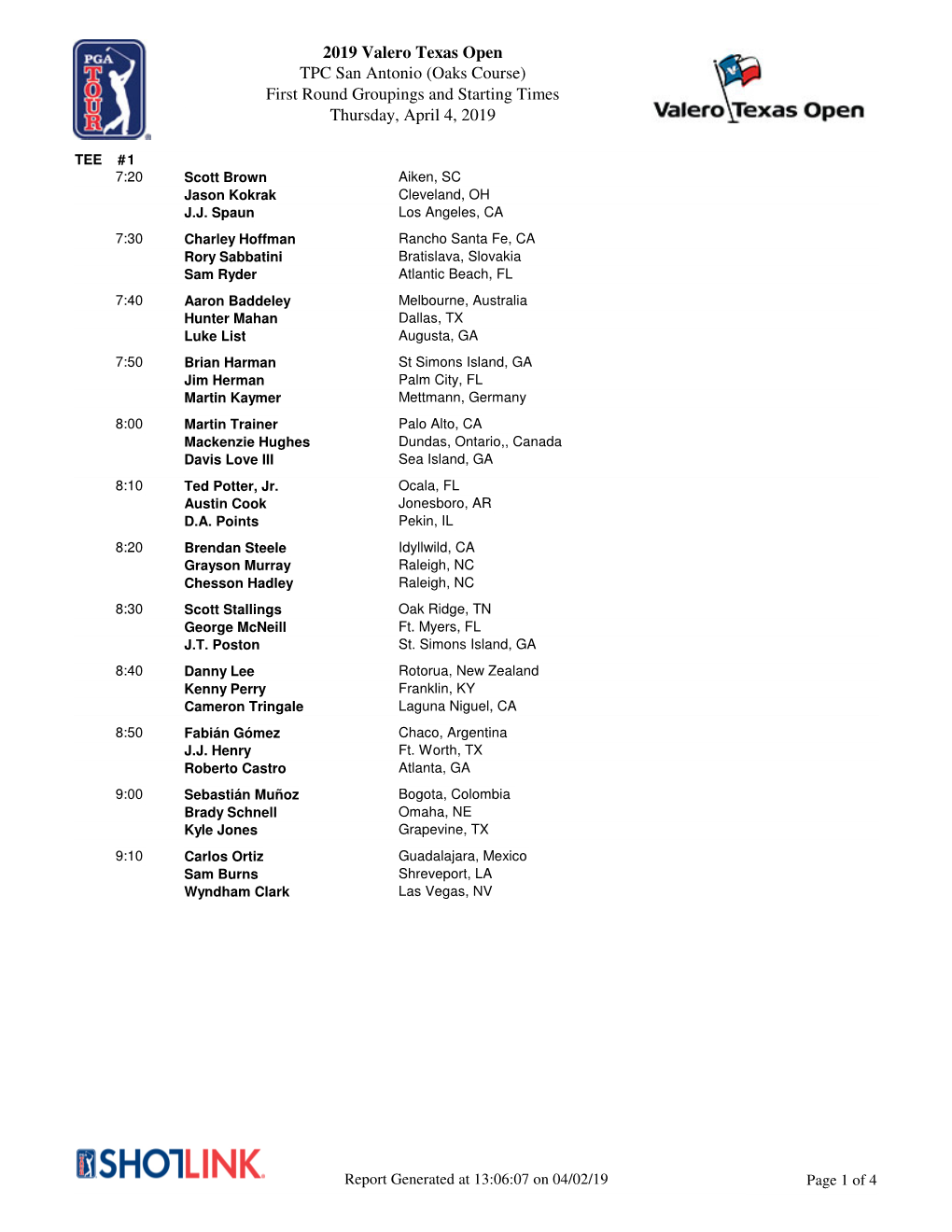 2019 Valero Texas Open TPC San Antonio (Oaks Course) First Round Groupings and Starting Times Thursday, April 4, 2019