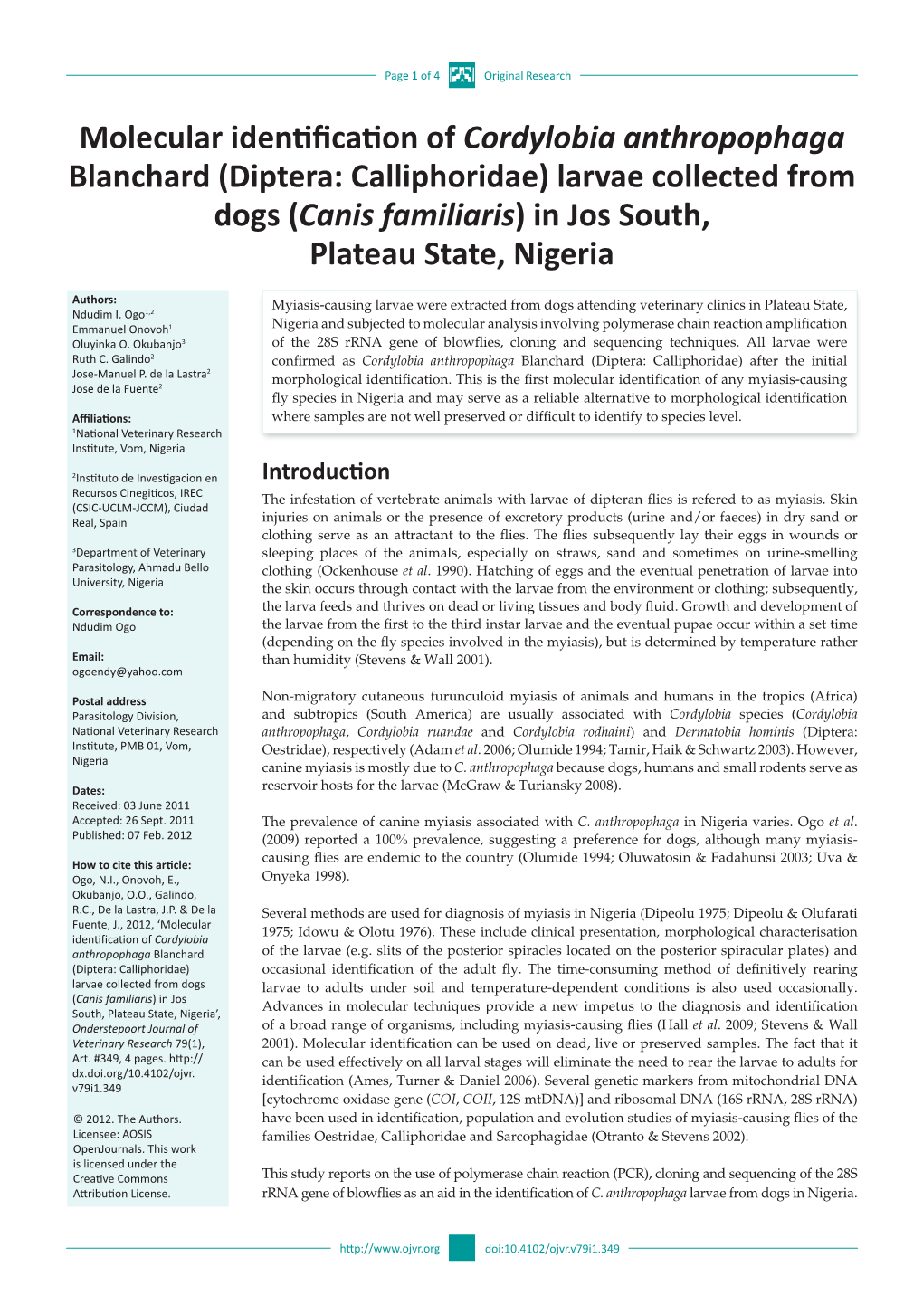 Molecular Identification of Cordylobia Anthropophaga Blanchard (Diptera