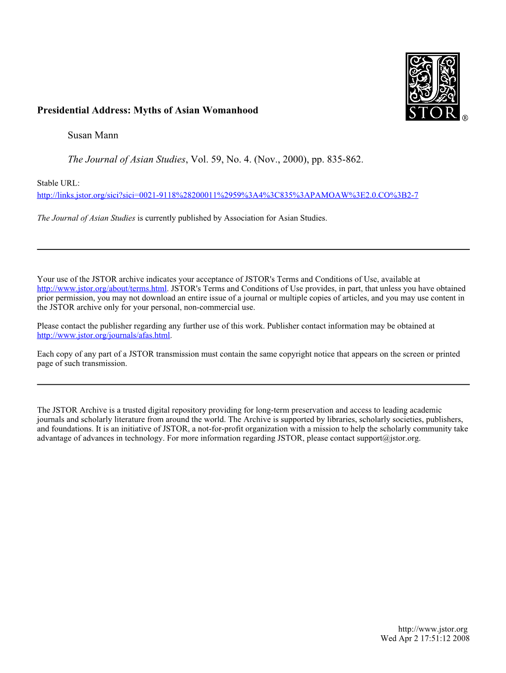 Presidential Address: Myths of Asian Womanhood Susan Mann the Journal of Asian Studies, Vol