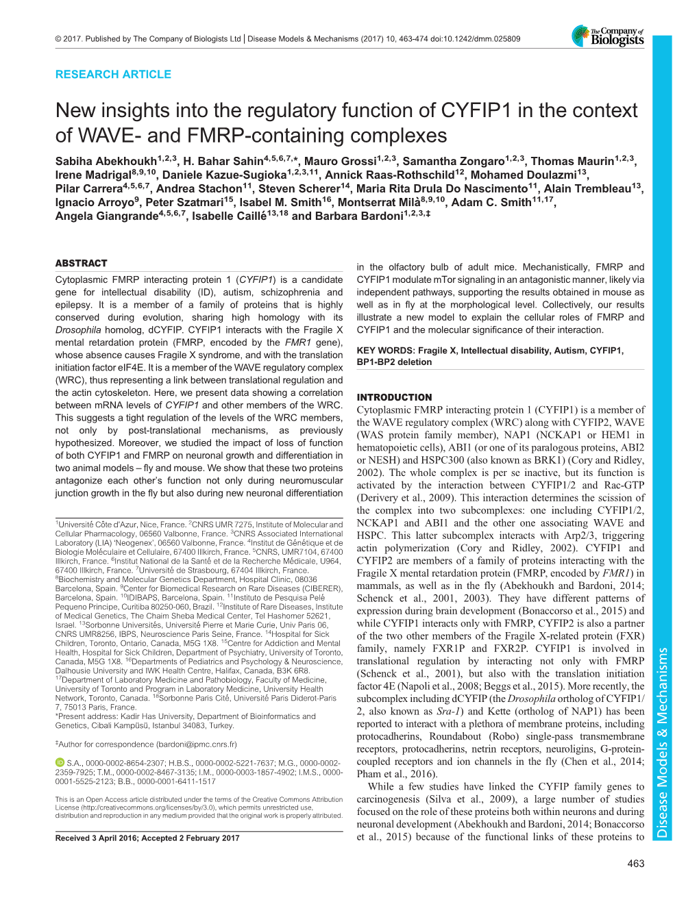 New Insights Into the Regulatory Function of CYFIP1 in the Context of WAVE- and FMRP-Containing Complexes Sabiha Abekhoukh1,2,3, H