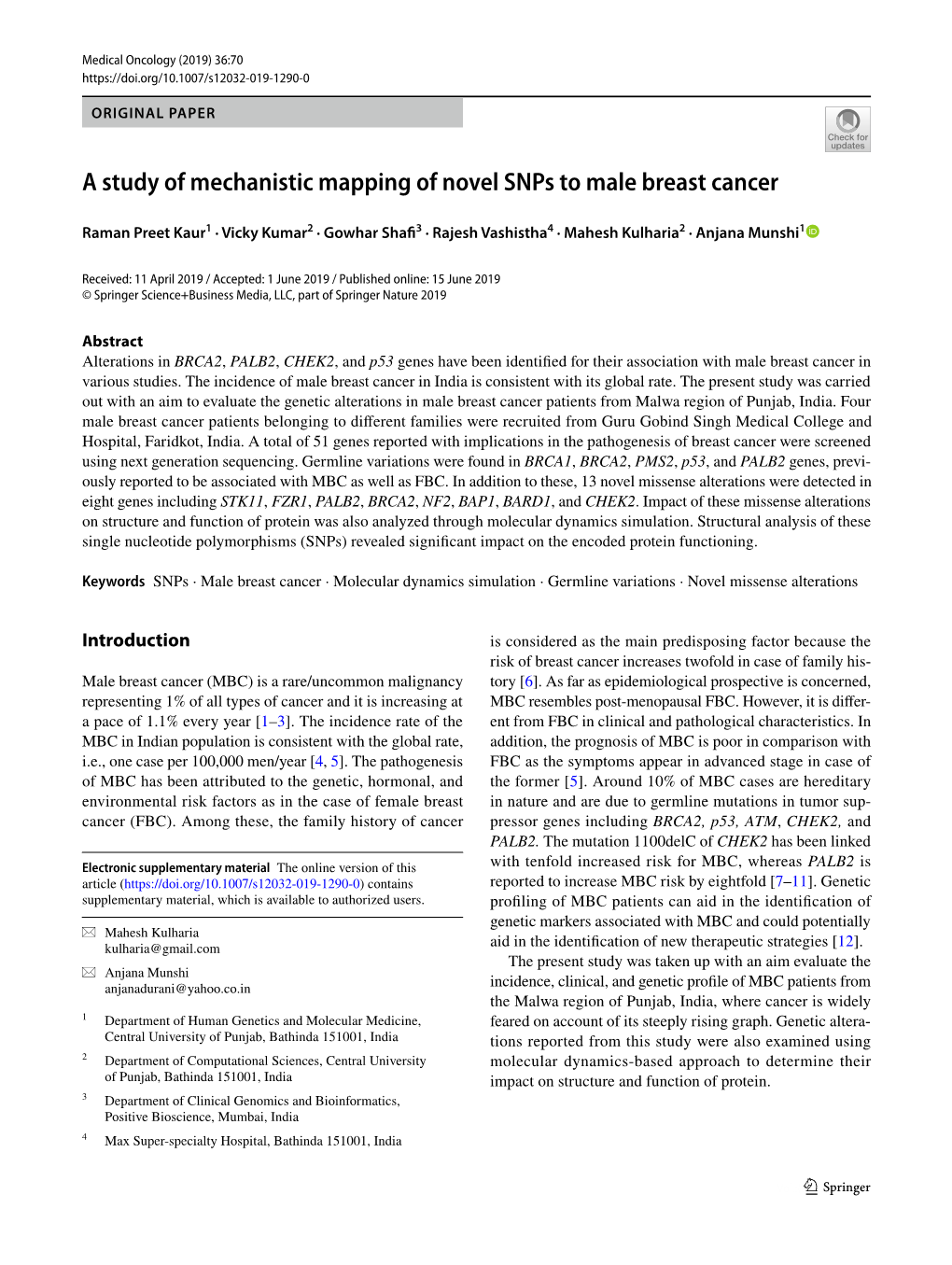 A Study of Mechanistic Mapping of Novel Snps to Male Breast Cancer