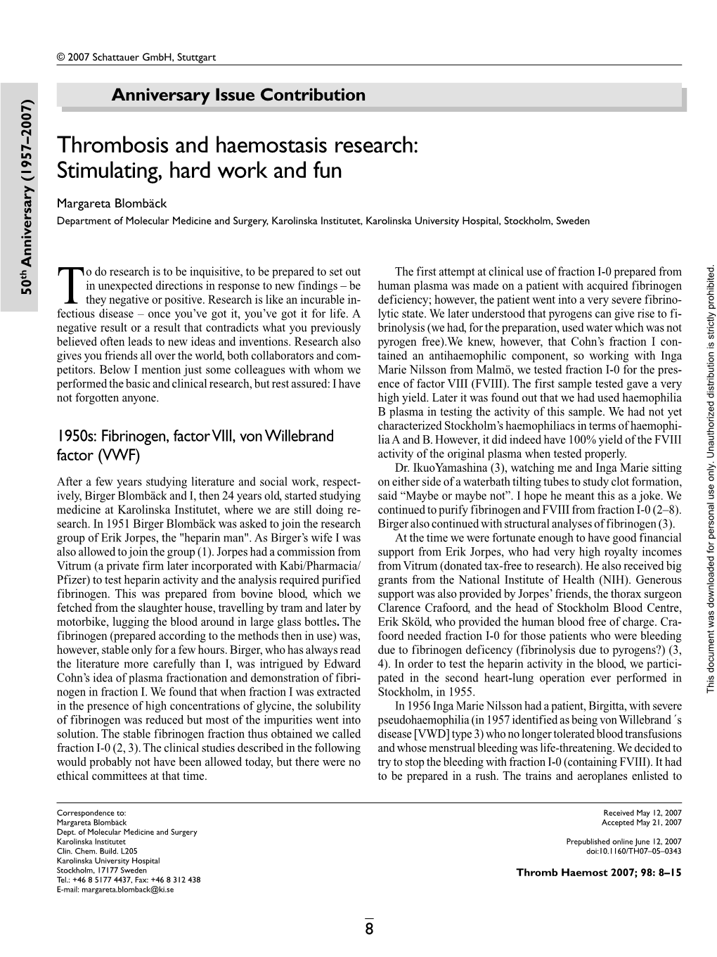 Thrombosis and Haemostasis Research