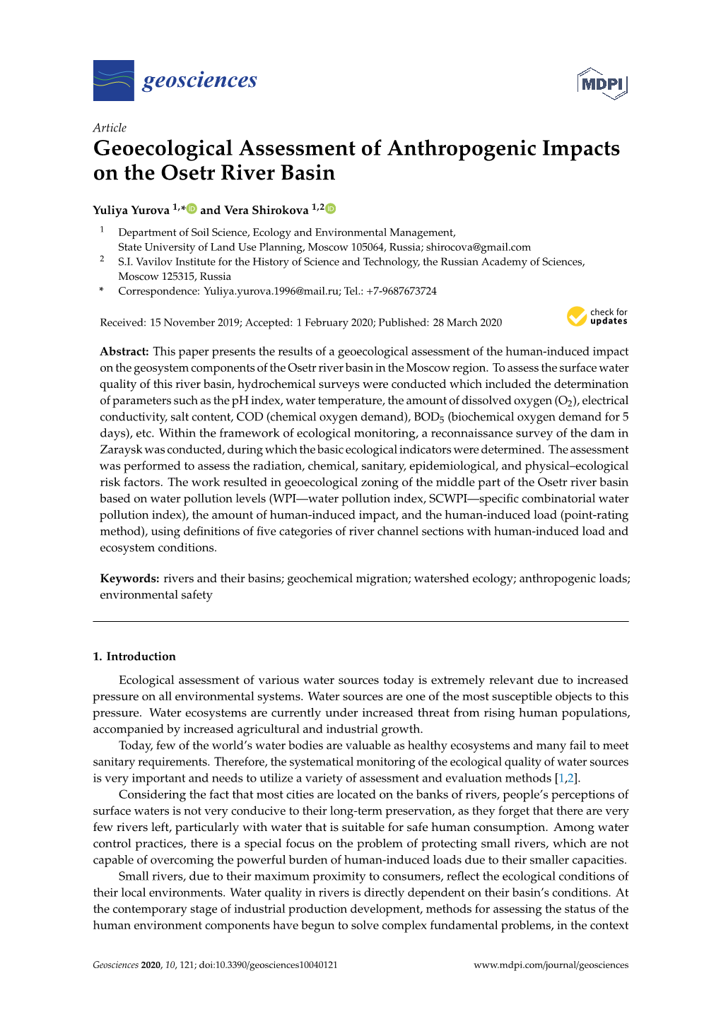 Geoecological Assessment of Anthropogenic Impacts on the Osetr River Basin