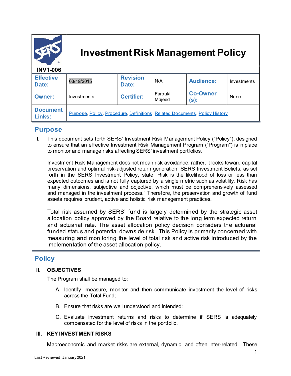 Investment Risk Management Policy