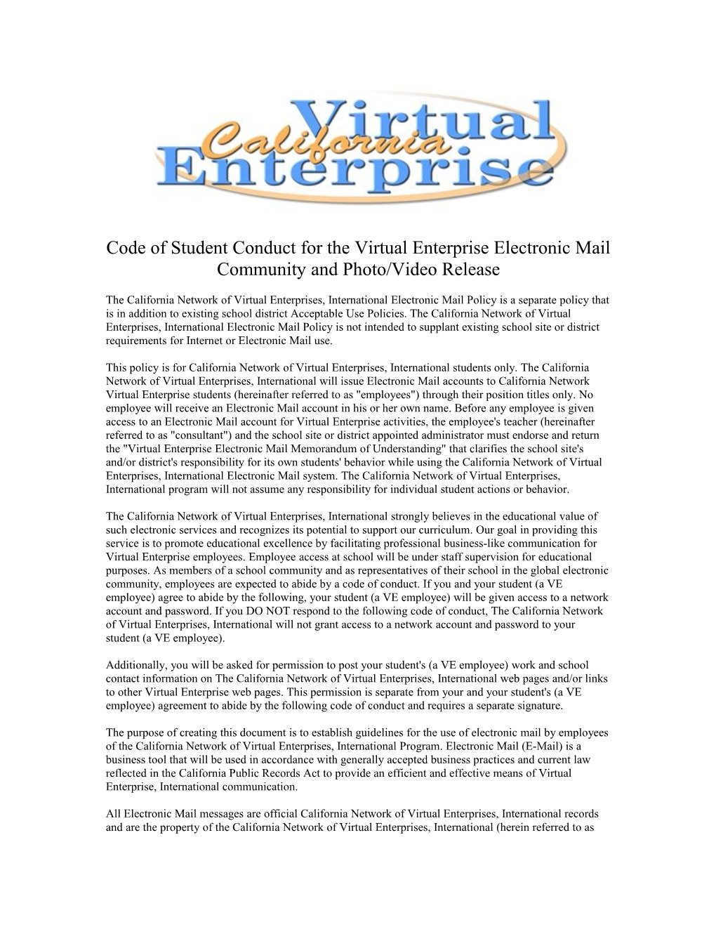 Code of Student Conduct for the Virtual Enterprise Electronic Mail Community