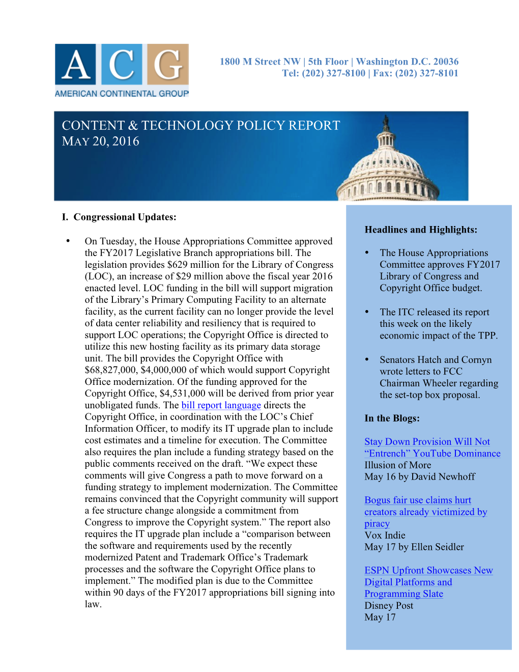 Content & Technology Policy Report May 20, 2016