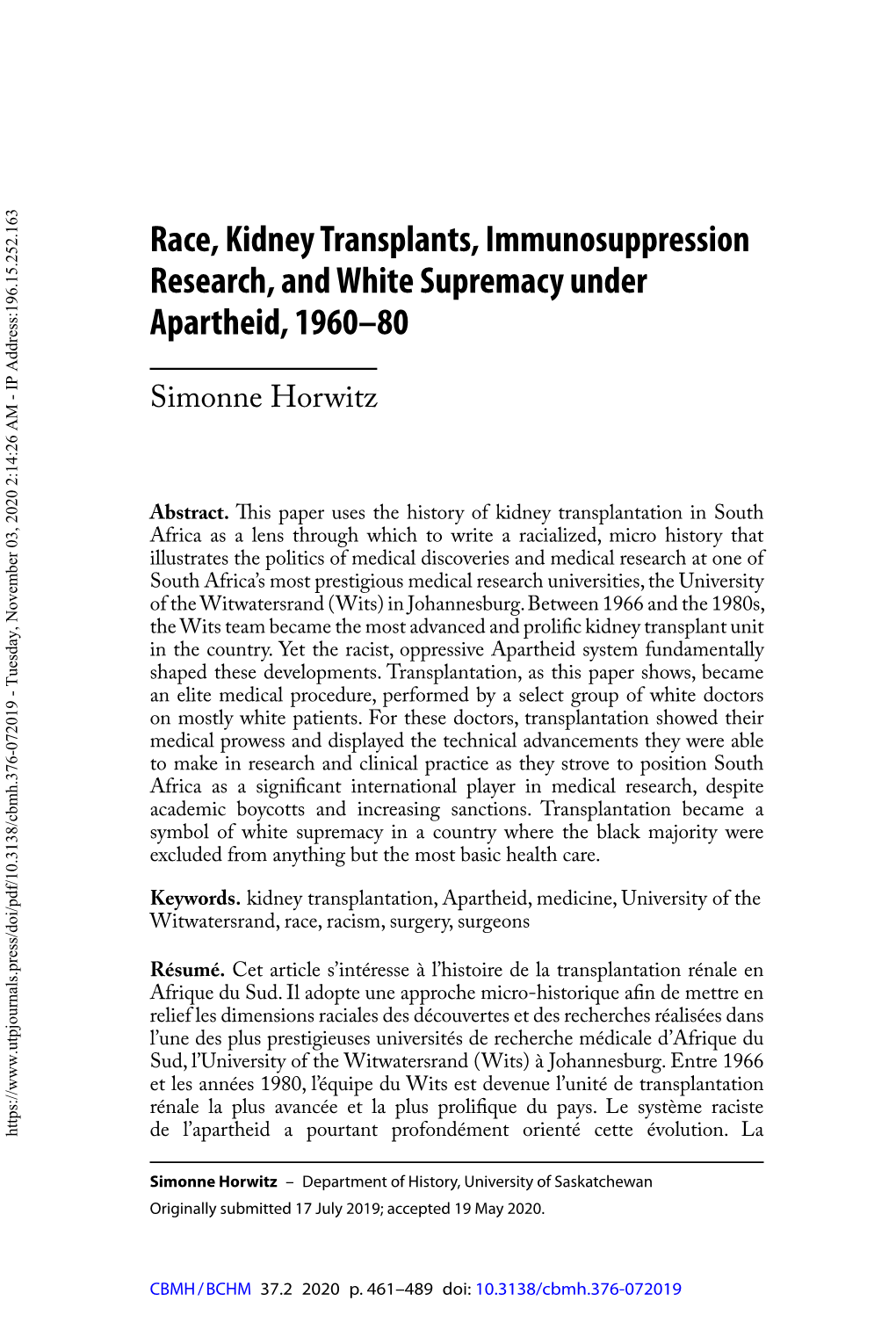 Race, Kidney Transplants, Immunosuppression Research, and White Supremacy Under Apartheid, 1960–80