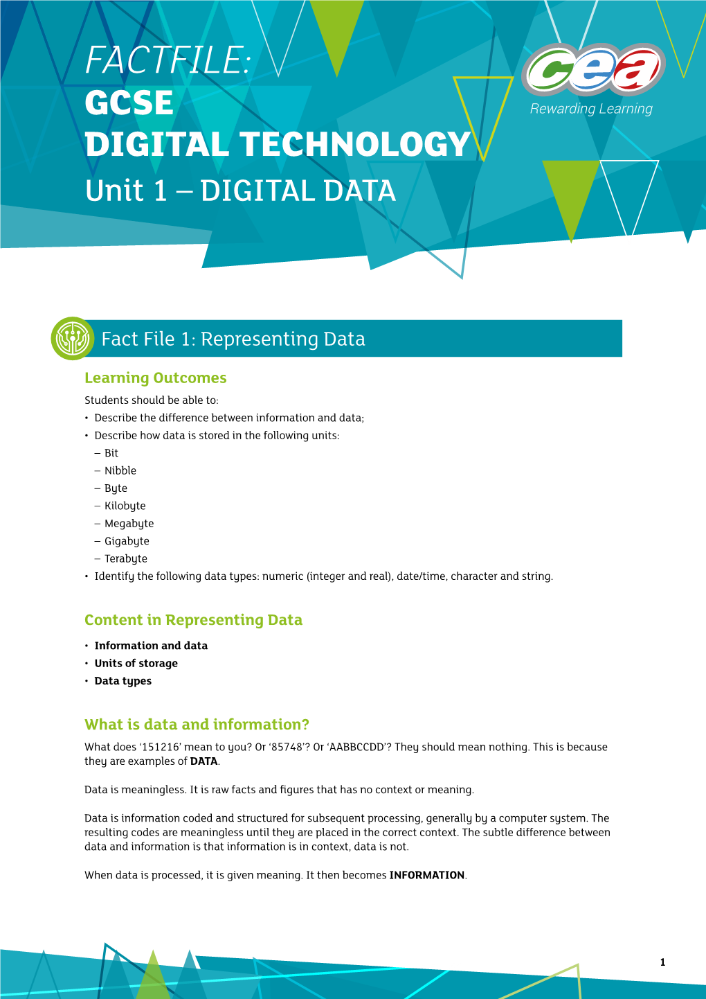FACTFILE: GCSE DIGITAL TECHNOLOGY Unit 1 – DIGITAL DATA