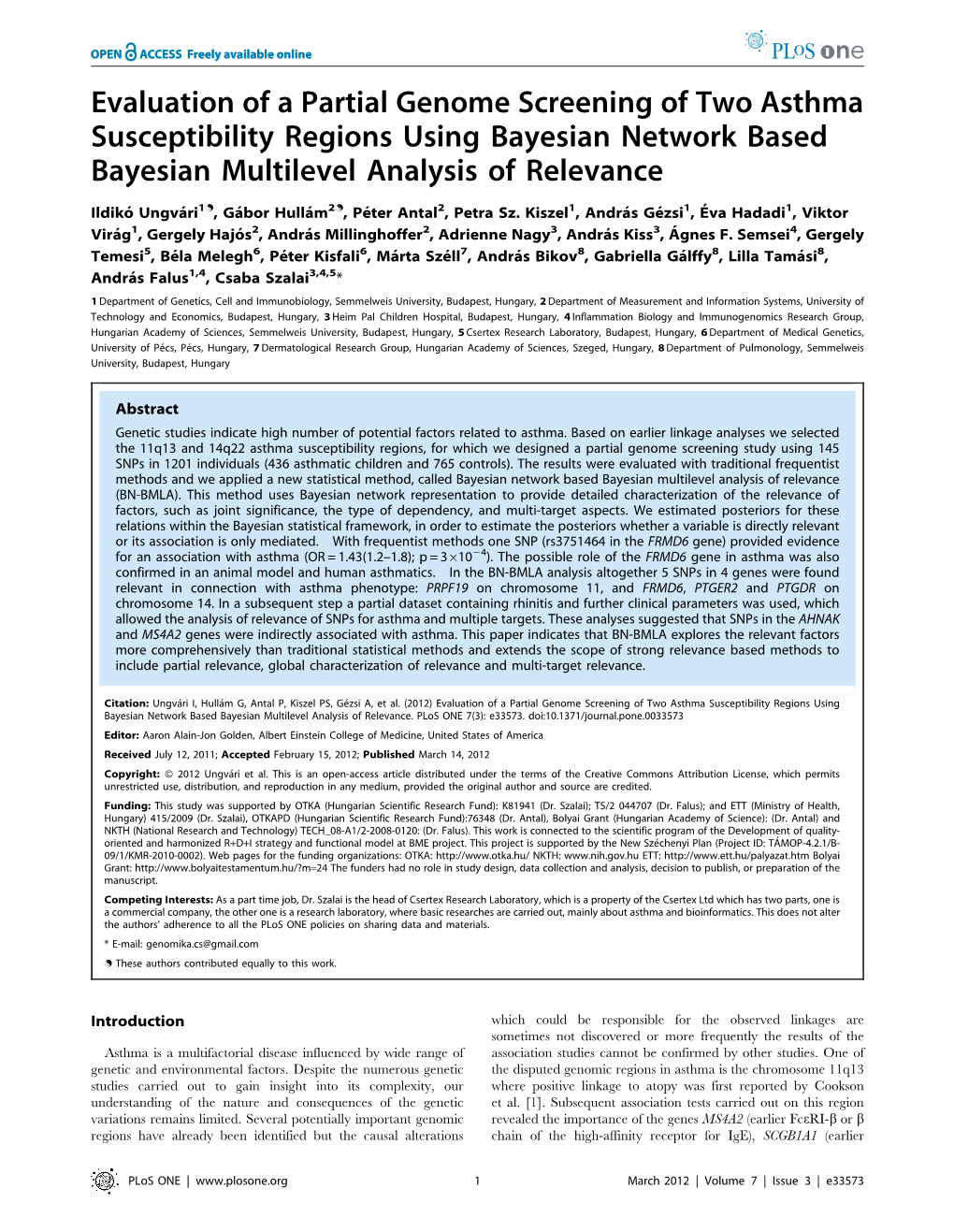 Evaluation of a Partial Genome Screening of Two Asthma Susceptibility Regions Using Bayesian Network Based Bayesian Multilevel Analysis of Relevance