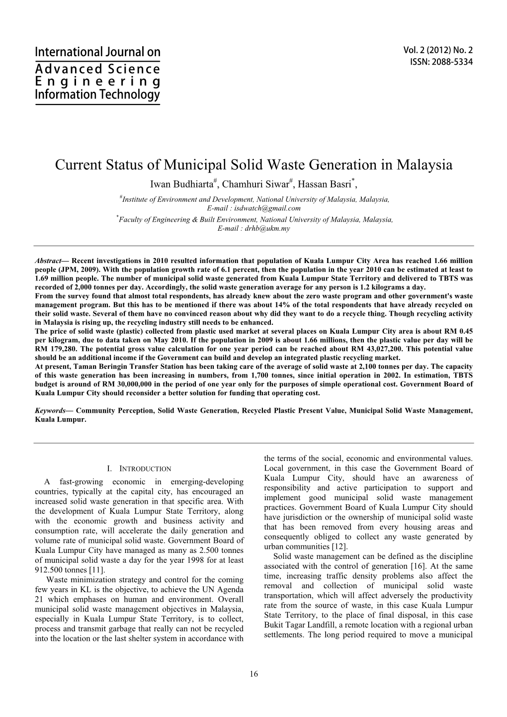 Current Status of Municipal Solid Waste Generation in Malaysia