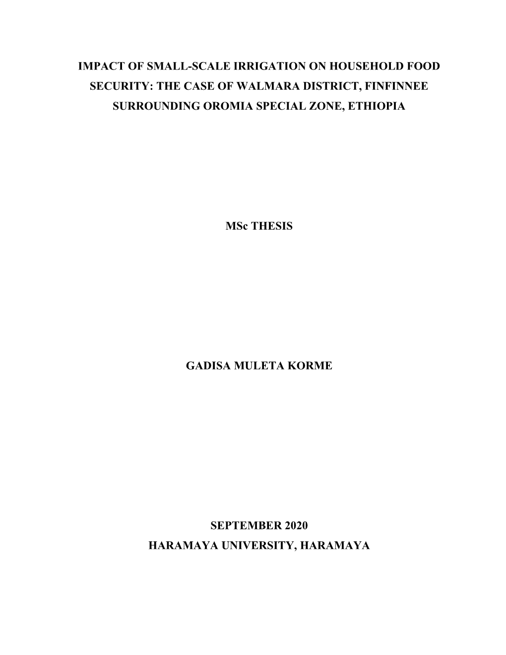 Impact of Small-Scale Irrigation on Household Food Security: the Case of Walmara District, Finfinnee Surrounding Oromia Special Zone, Ethiopia
