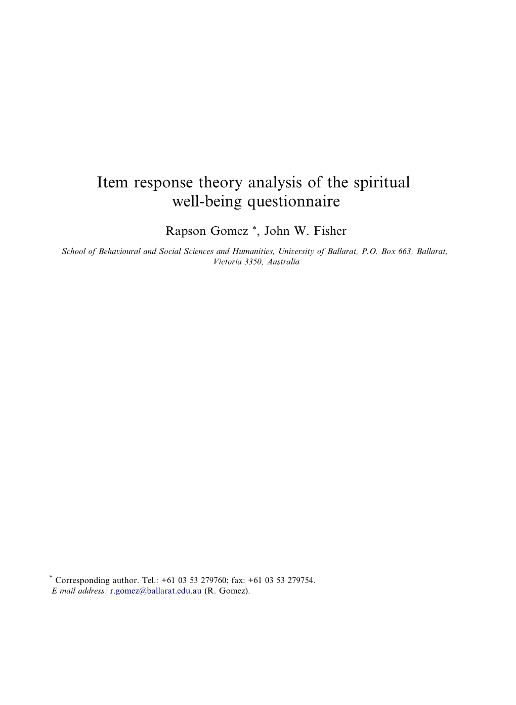 Item Response Theory Analysis of the Spiritual Well-Being Questionnaire