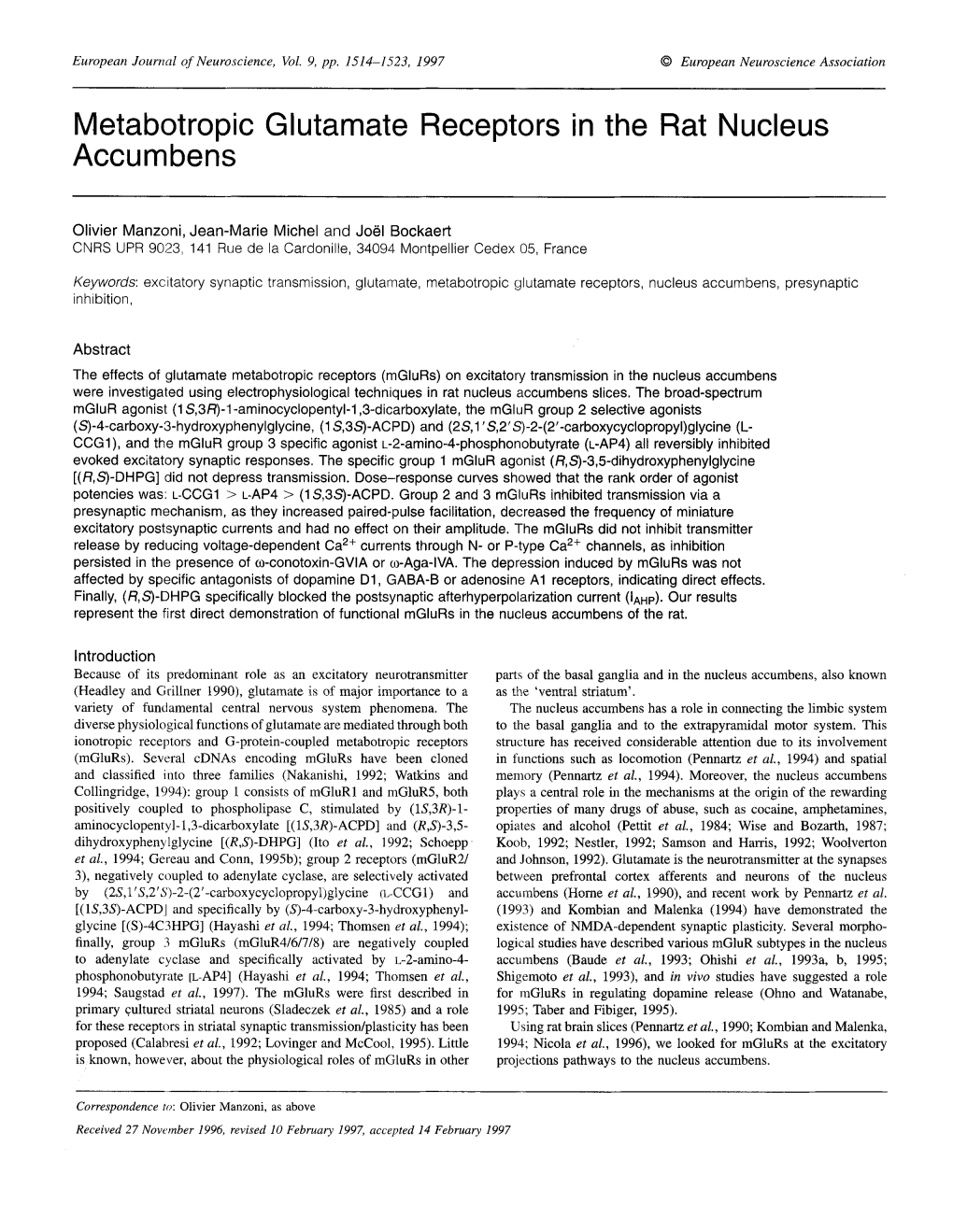 Metabotropic Glutamate Receptors in the Rat Nucleus Accumbens