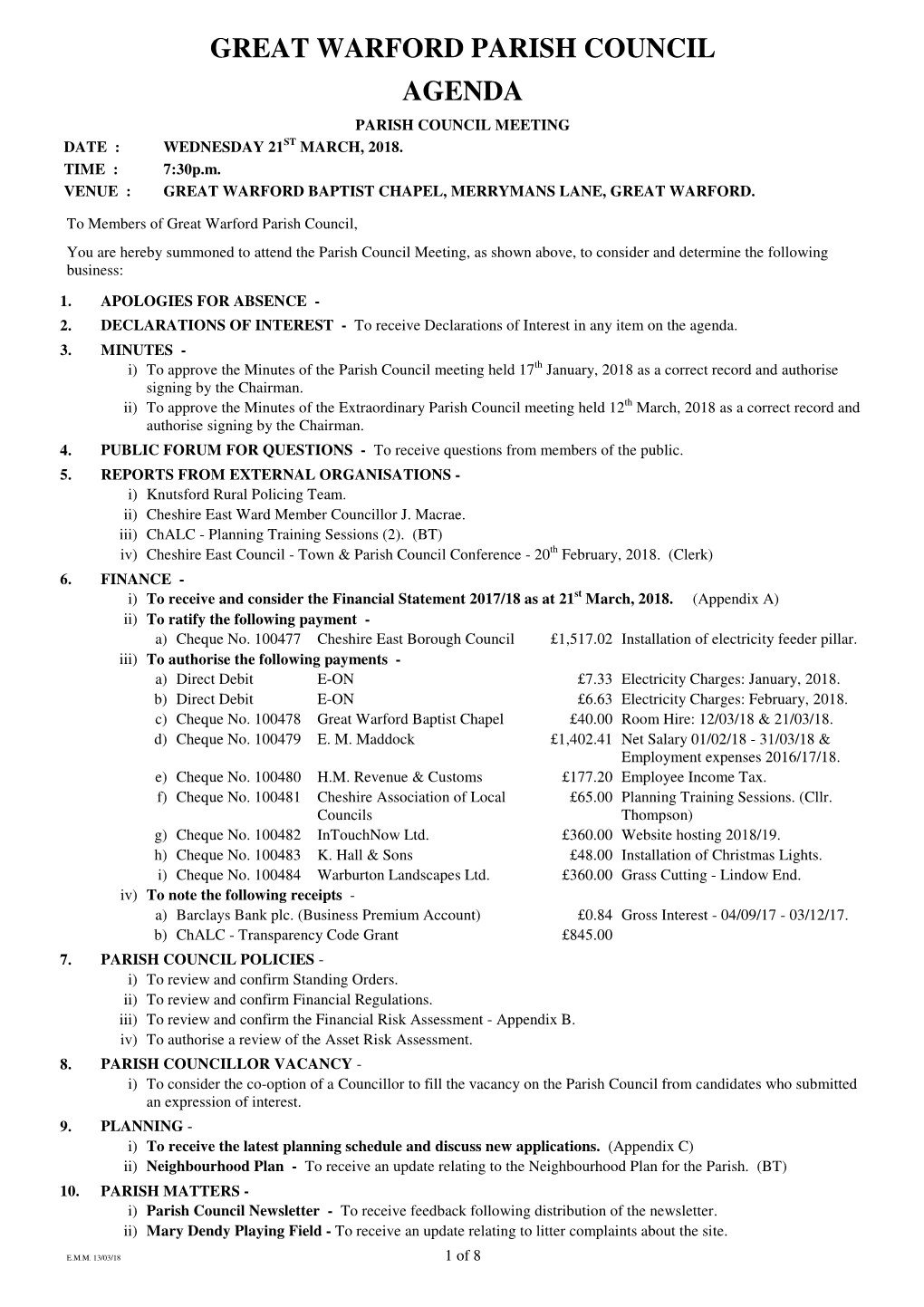 Great Warford Parish Council Agenda