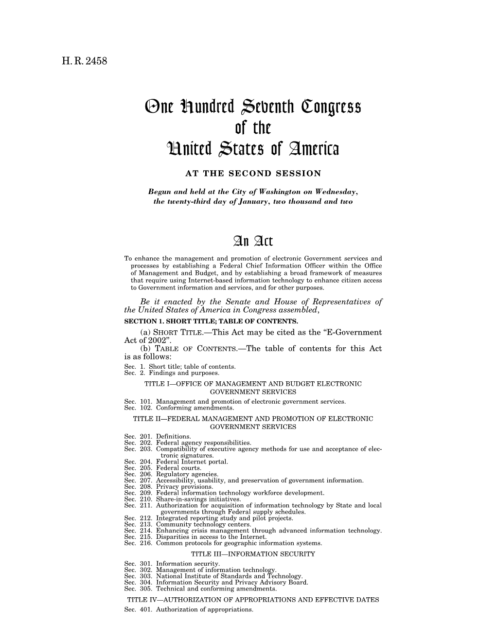 One Hundred Seventh Congress of the United States of America