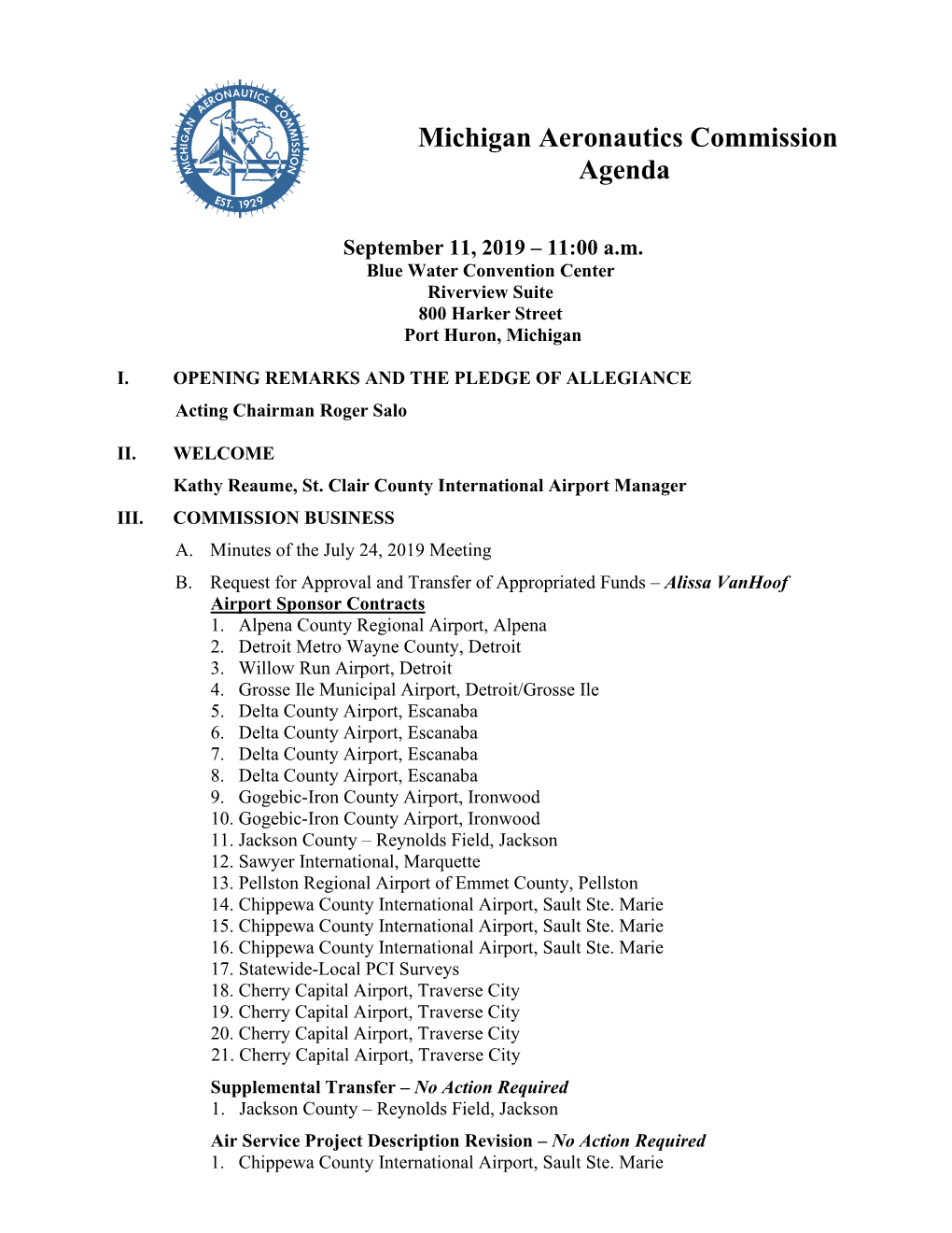 Michigan Aeronautics Commission Agenda