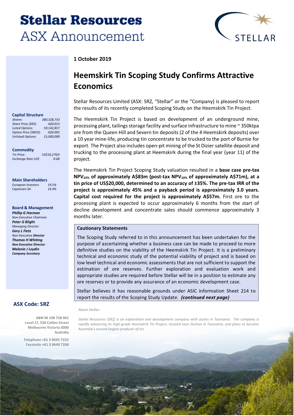 Heemskirk Tin Scoping Study Confirms Attractive Economics