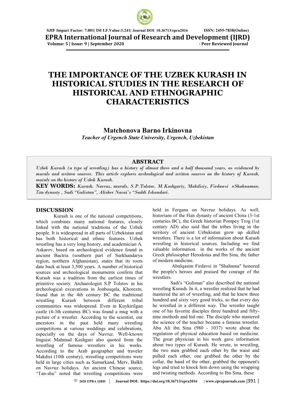 The Importance of the Uzbek Kurash in Historical Studies in the Research of Historical and Ethnographic Characteristics