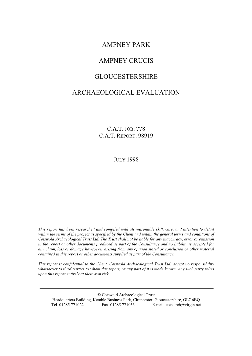 Ampney Park Ampney Crucis Gloucestershire Archaeological Evaluation