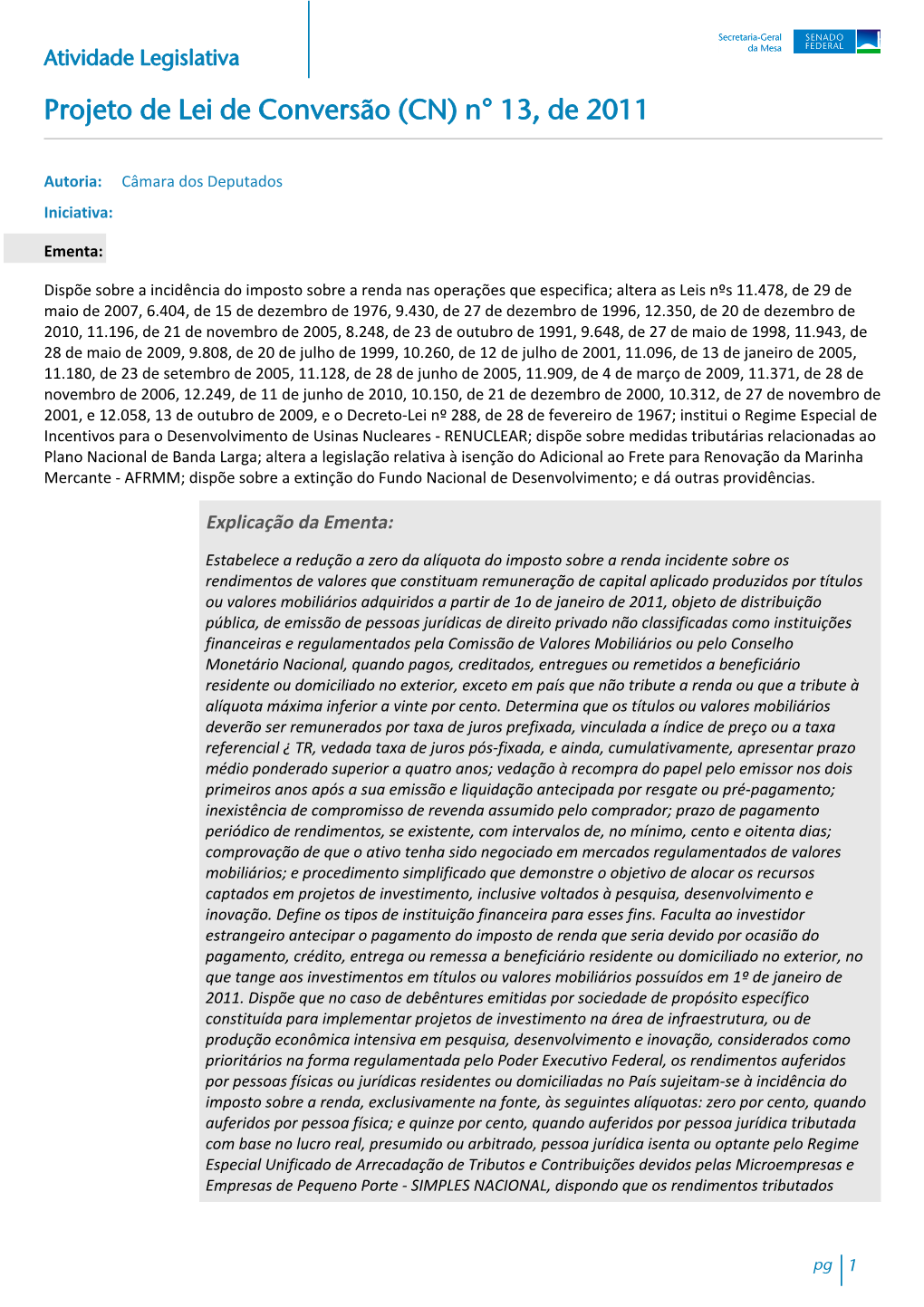 Projeto De Lei De Conversão (CN) N° 13, De 2011