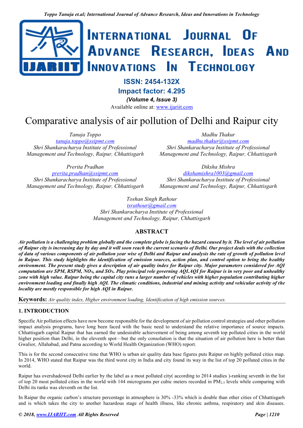 Comparative Analysis of Air Pollution of Delhi and Raipur City