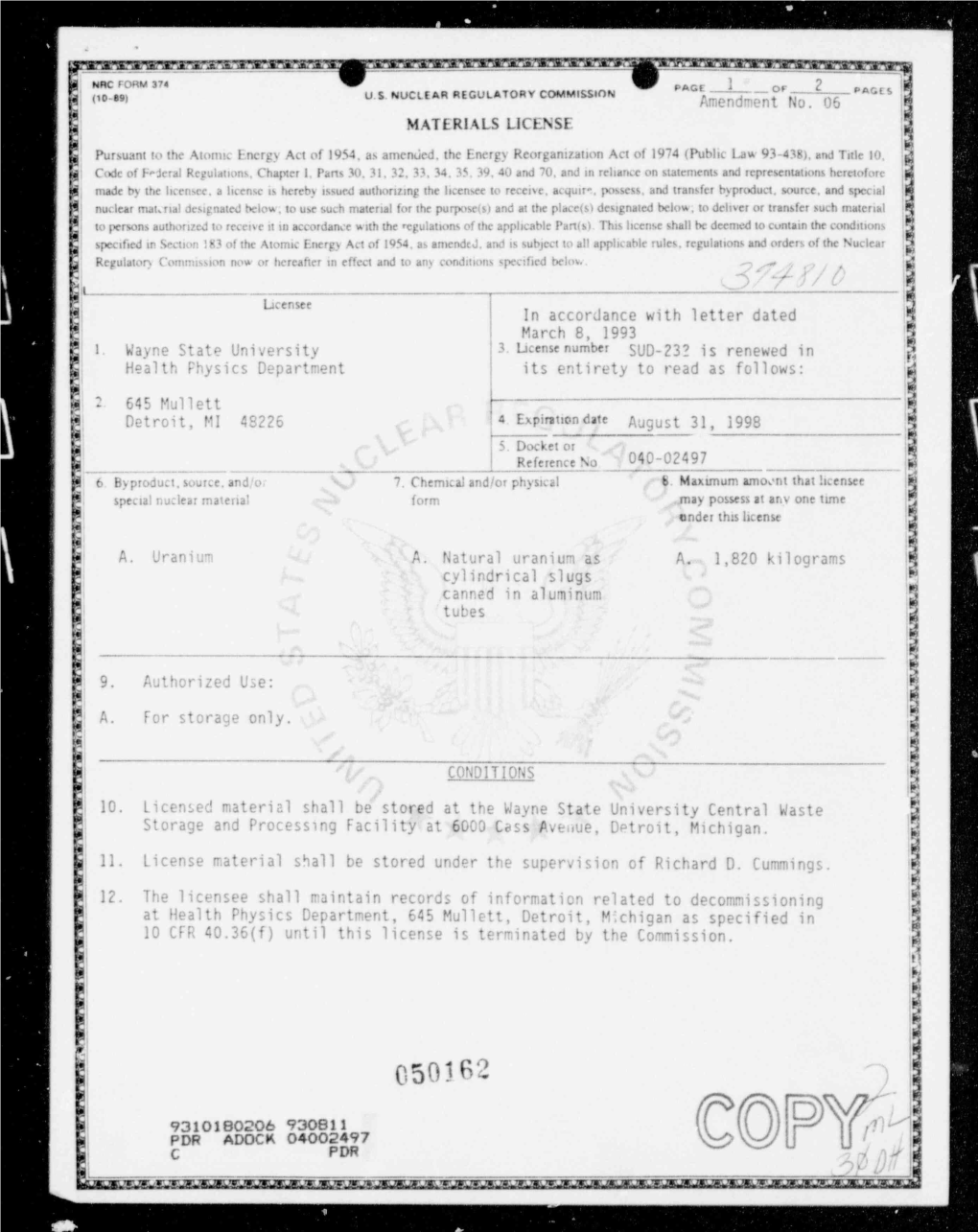 Matls Licensing Package for Amend 6 to License SUD-232 for Wayne