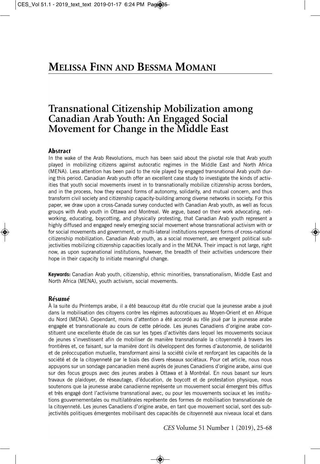 Transnational Citizenship Mobilization Among Canadian Arab Youth: an Engaged Social Movement for Change in the Middle East