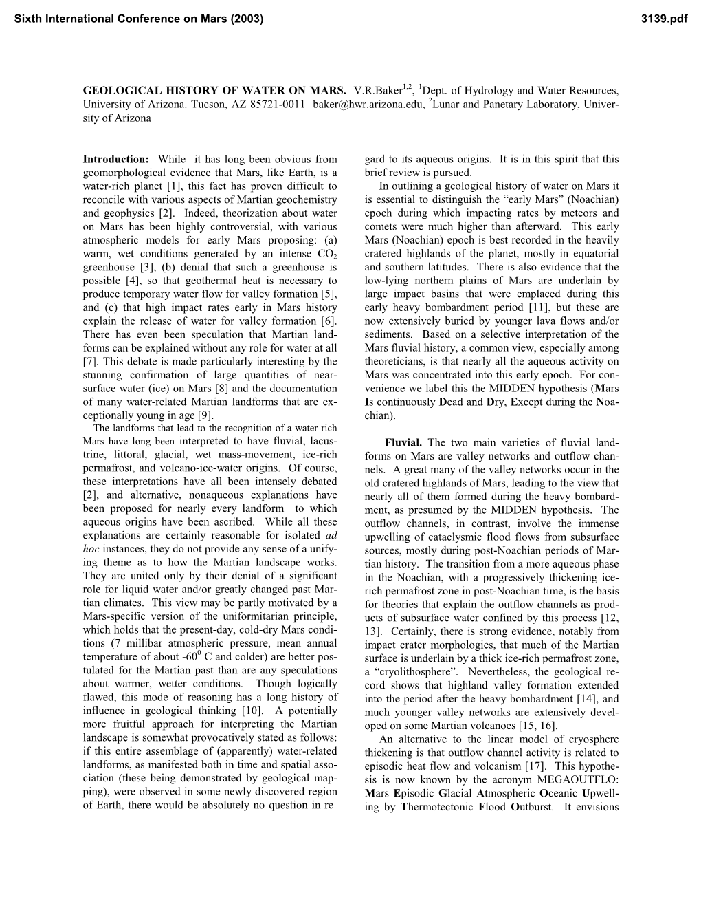 GEOLOGICAL HISTORY of WATER on MARS. Vrbaker1,2, 1Dept