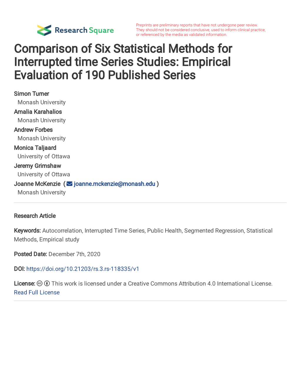 Comparison of Six Statistical Methods for Interrupted Time Series Studies: Empirical Evaluation of 190 Published Series