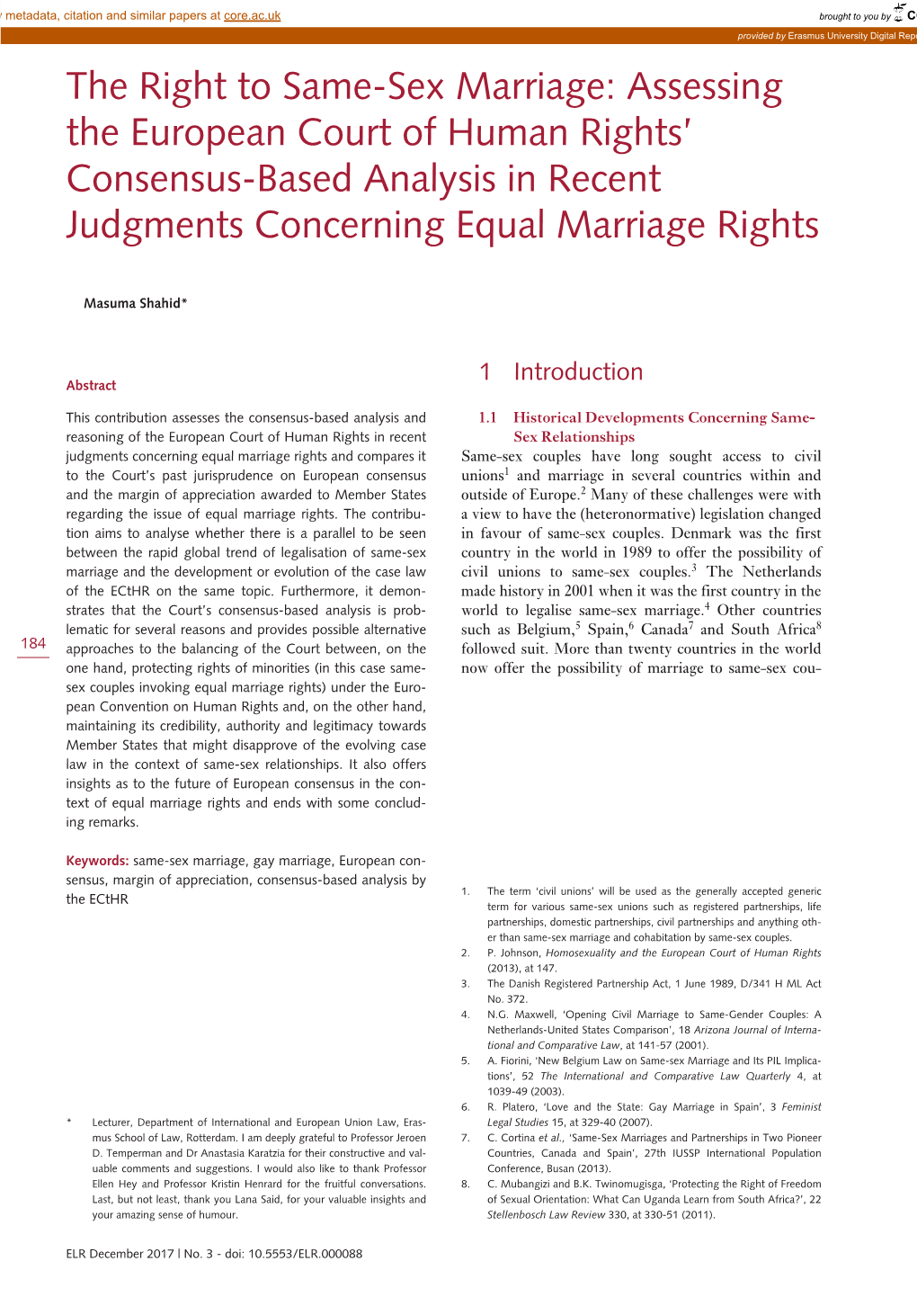 The Right to Same-Sex Marriage: Assessing the European Court of Human Rights’ Consensus-Based Analysis in Recent Judgments Concerning Equal Marriage Rights