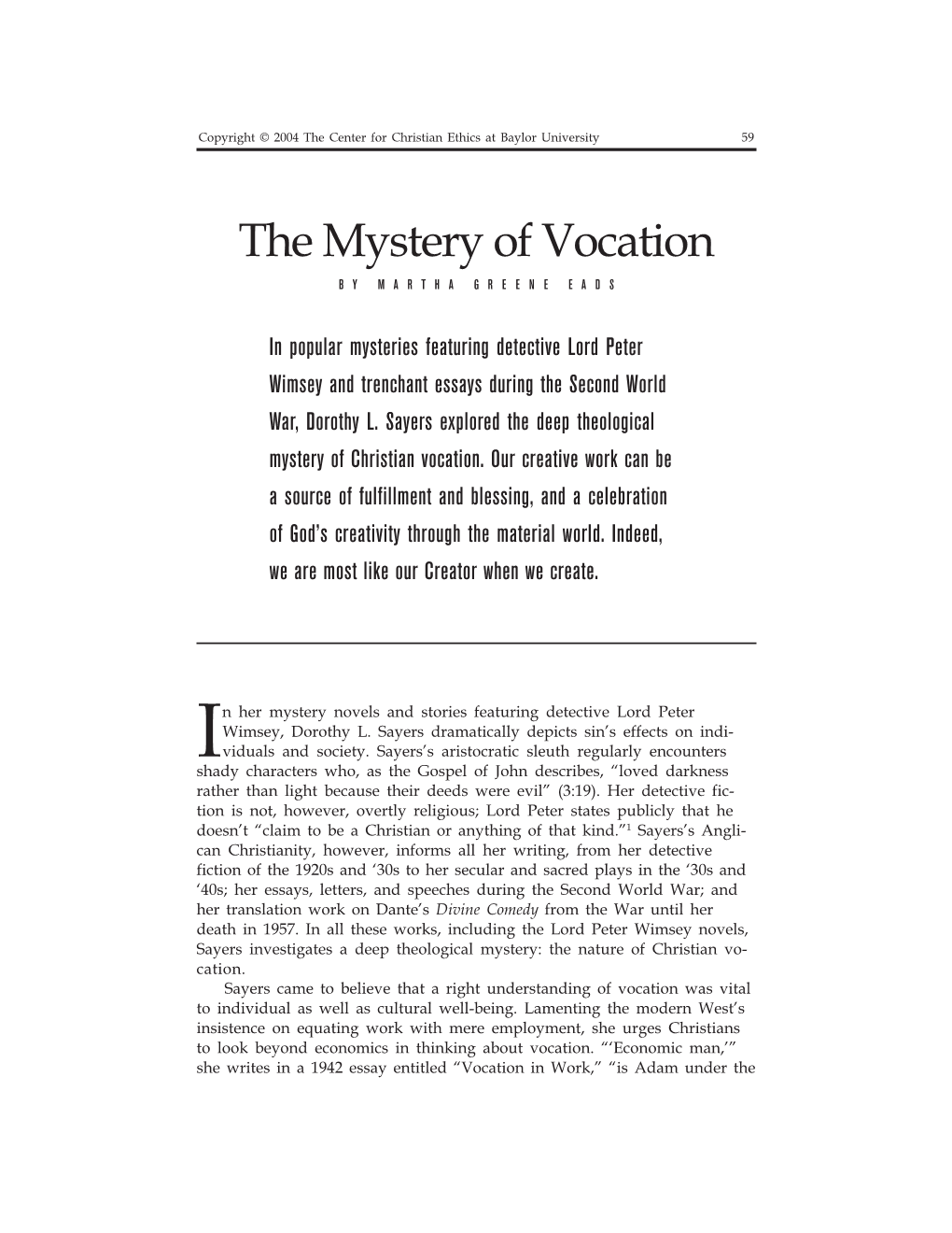 The Mystery of Vocation by MARTHA GREENE EADS