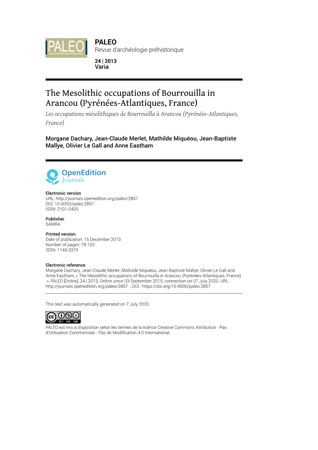 The Mesolithic Occupations of Bourrouilla in Arancou (Pyrénées