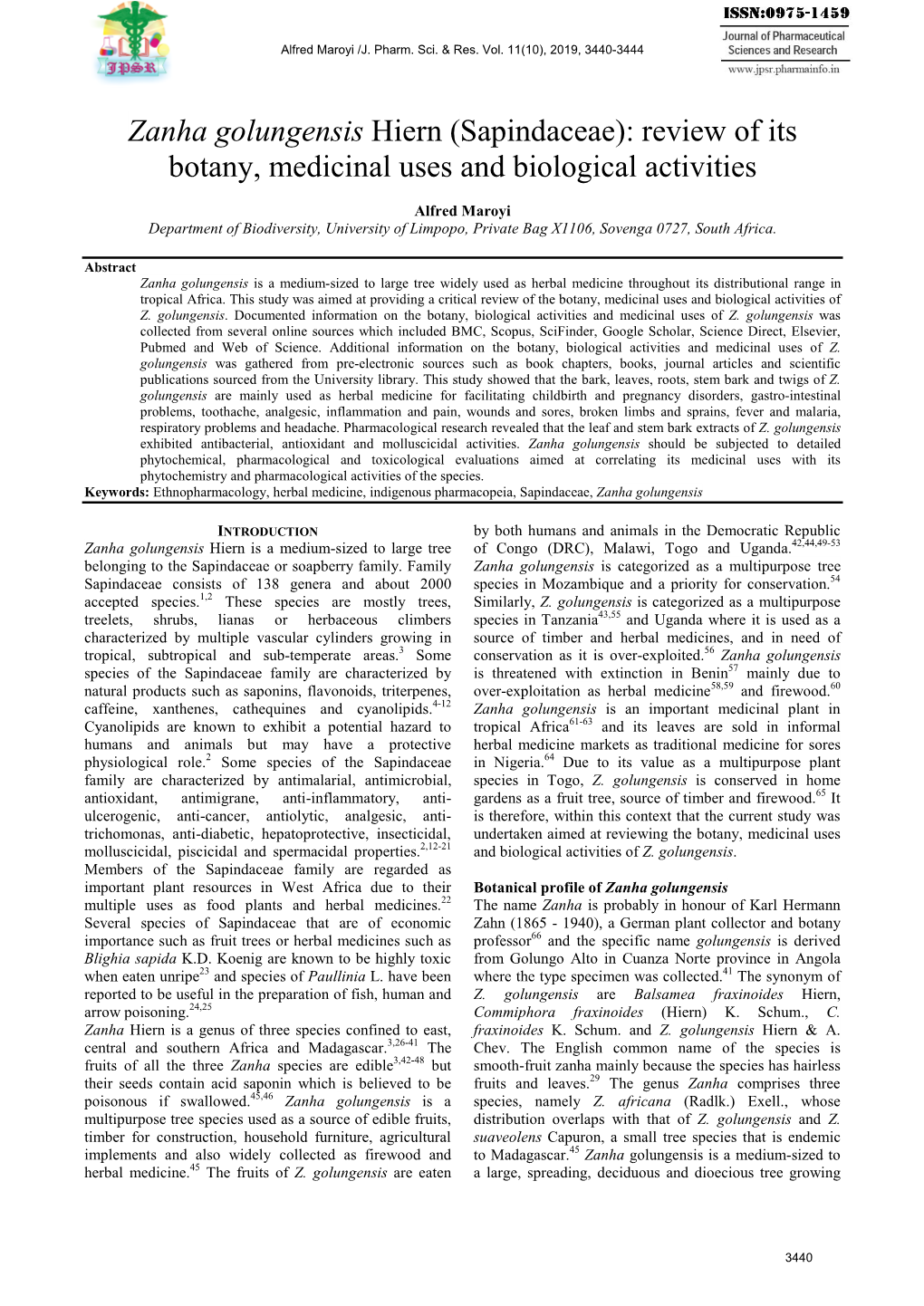 Zanha Golungensis Hiern (Sapindaceae): Review of Its Botany, Medicinal Uses and Biological Activities