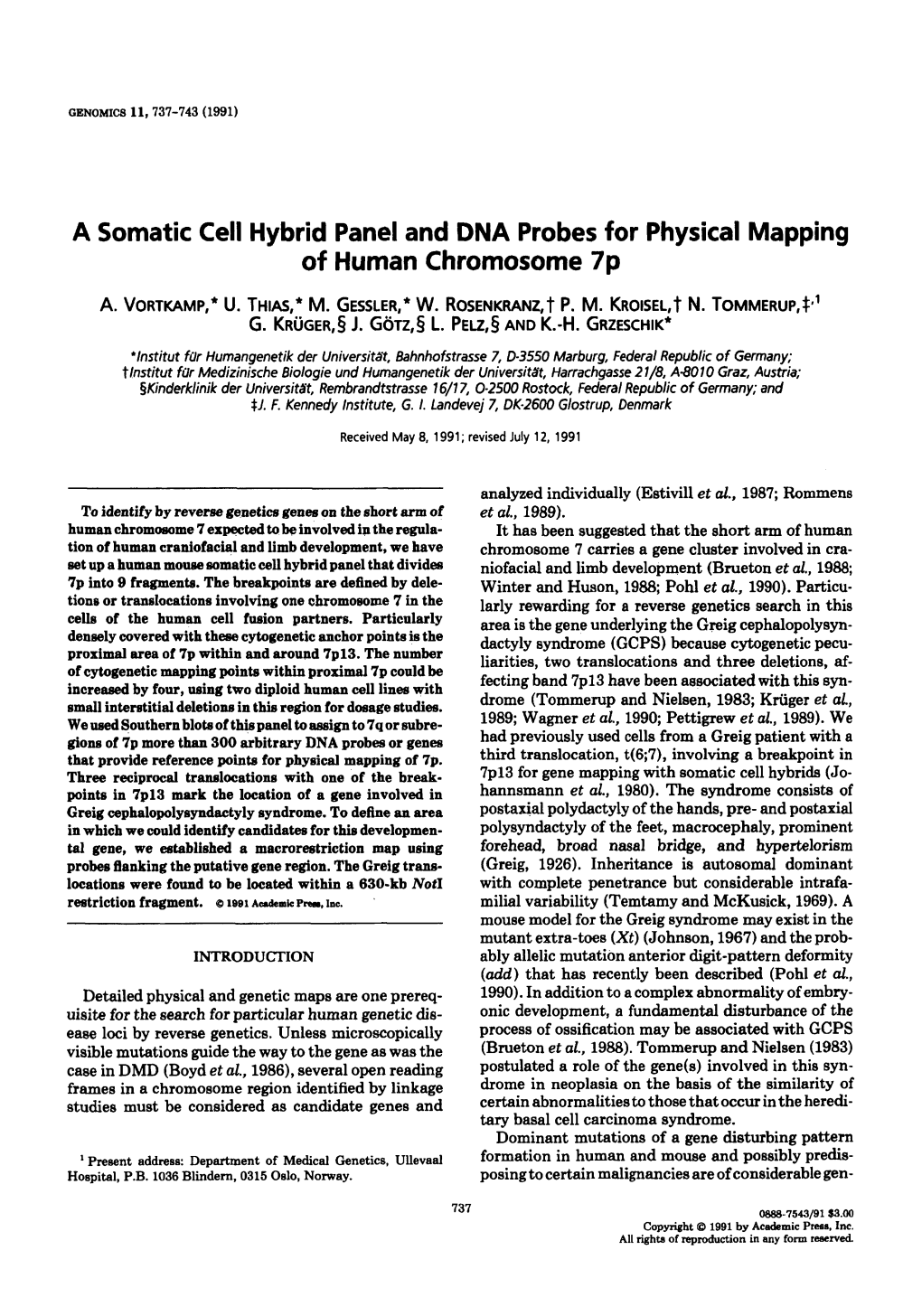 A Somatic Cell Hybrid Panel and DNA Probes for Physical Mapping of Human Chromosome 7P