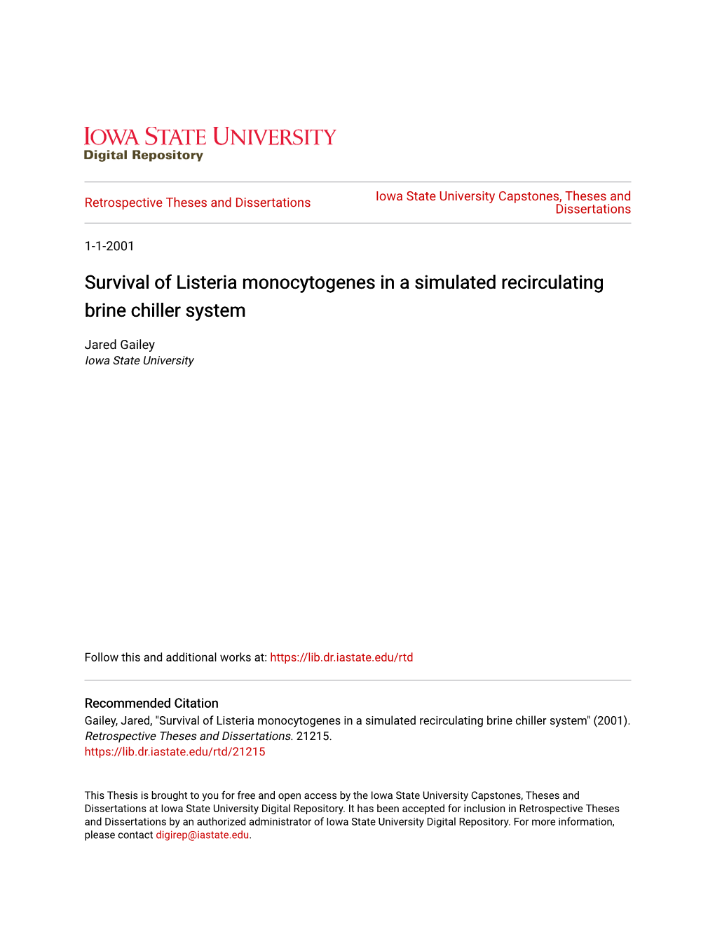 Survival of Listeria Monocytogenes in a Simulated Recirculating Brine Chiller System