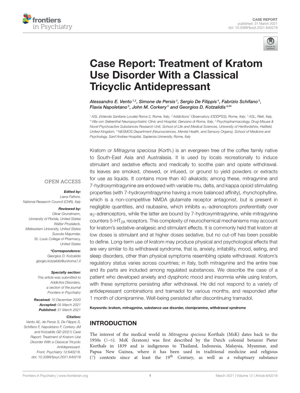 Case Report: Treatment of Kratom Use Disorder with a Classical Tricyclic Antidepressant