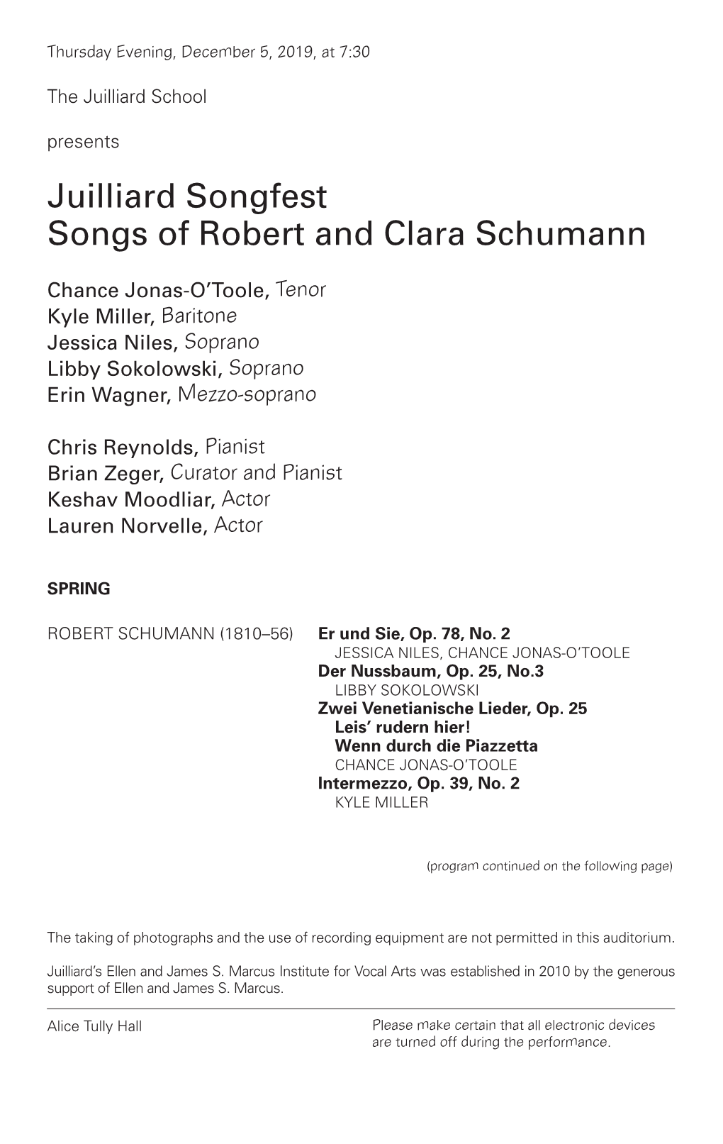 Juilliard Songfest Songs of Robert and Clara Schumann