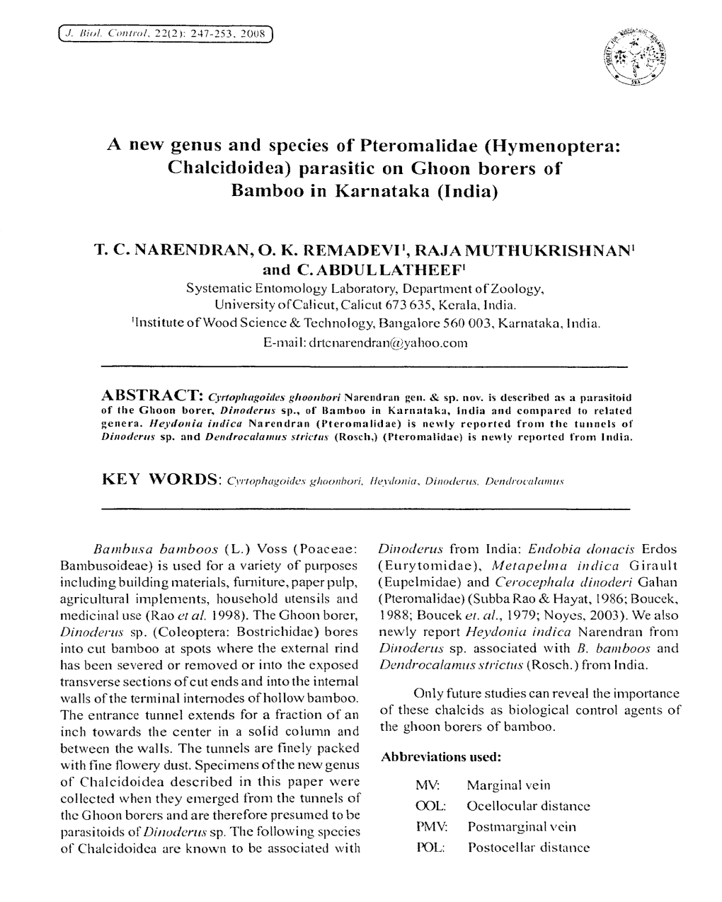 Hymenoptera: Chalcidoidea) Parasitic on Ghoon Borers of Bamboo in Karnataka (India)