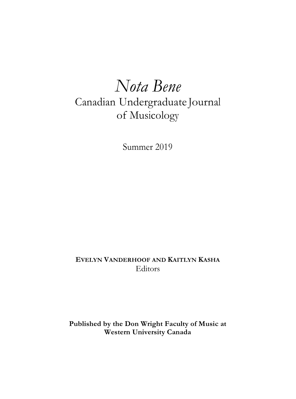 Nota Bene Canadian Undergraduate Journal of Musicology