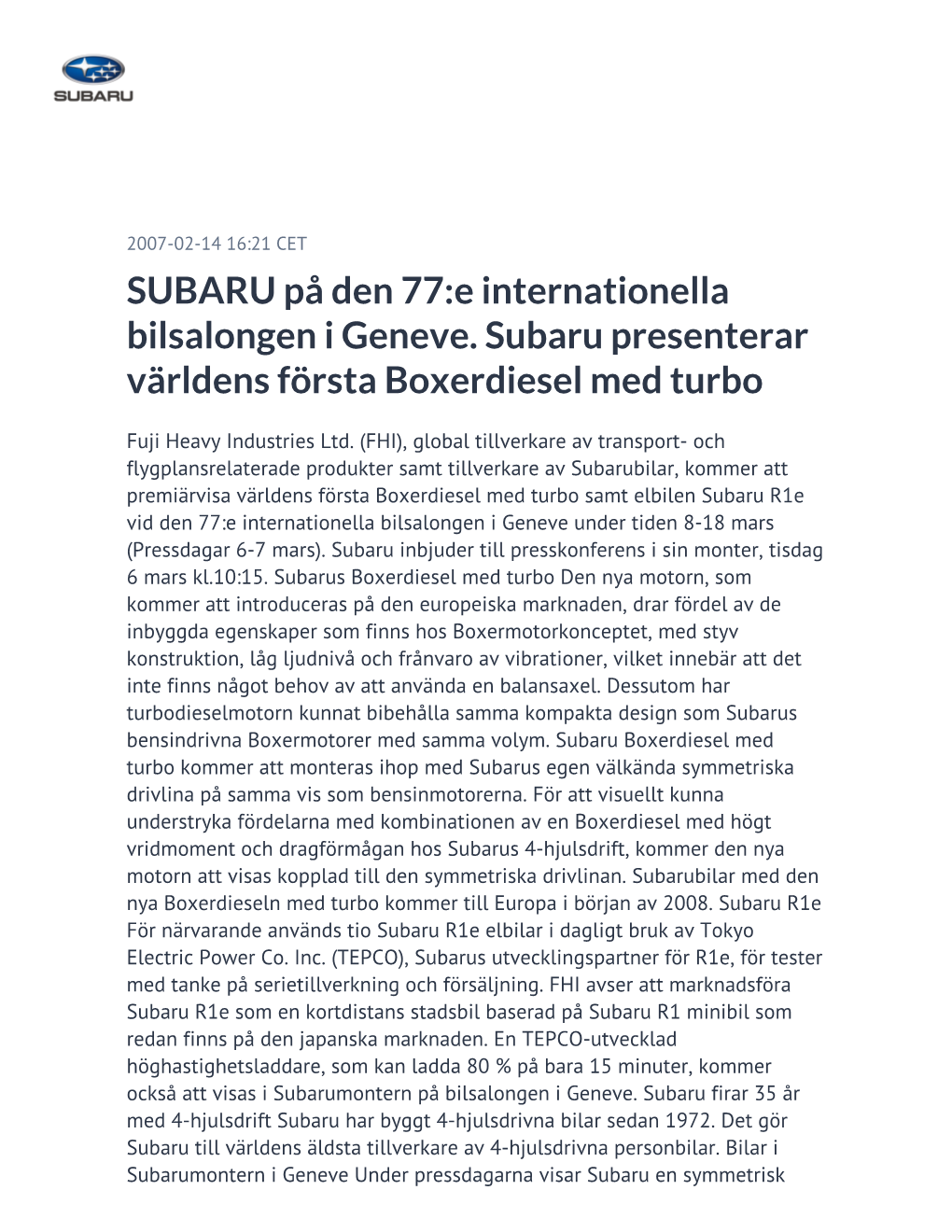 SUBARU På Den 77:E Internationella Bilsalongen I Geneve. Subaru Presenterar Världens Första Boxerdiesel Med Turbo